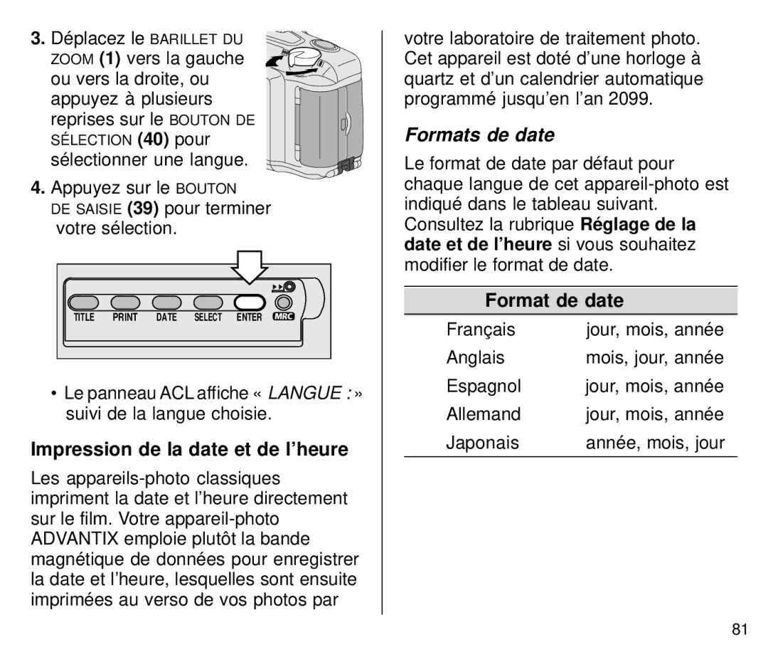 Kodak C800/C850 manual Appuyez sur le Bouton, Impression de la date et de l’heure, Format de date 