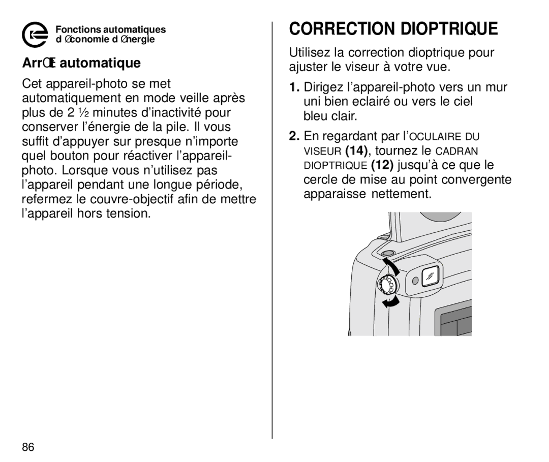Kodak C800/C850 manual Correction Dioptrique, Arrê t automatique 
