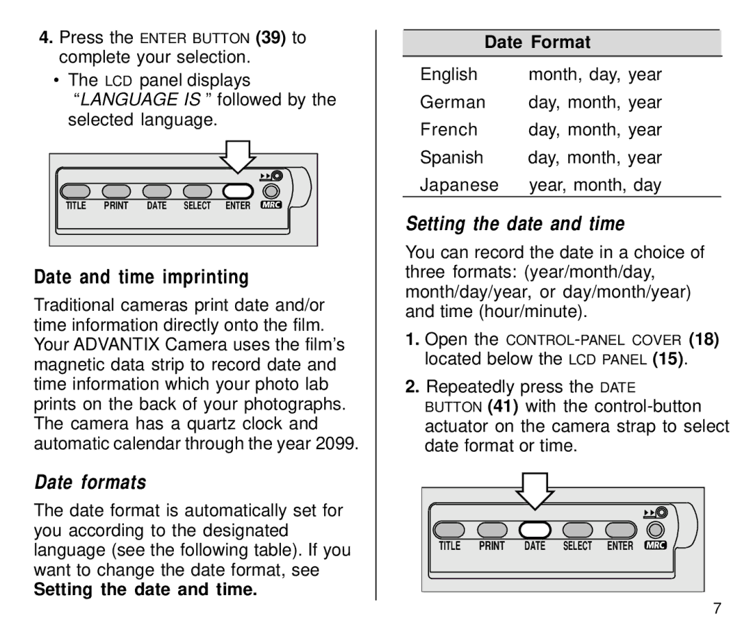 Kodak C800/C850 manual Date and time imprinting, Setting the date and time Date Format 