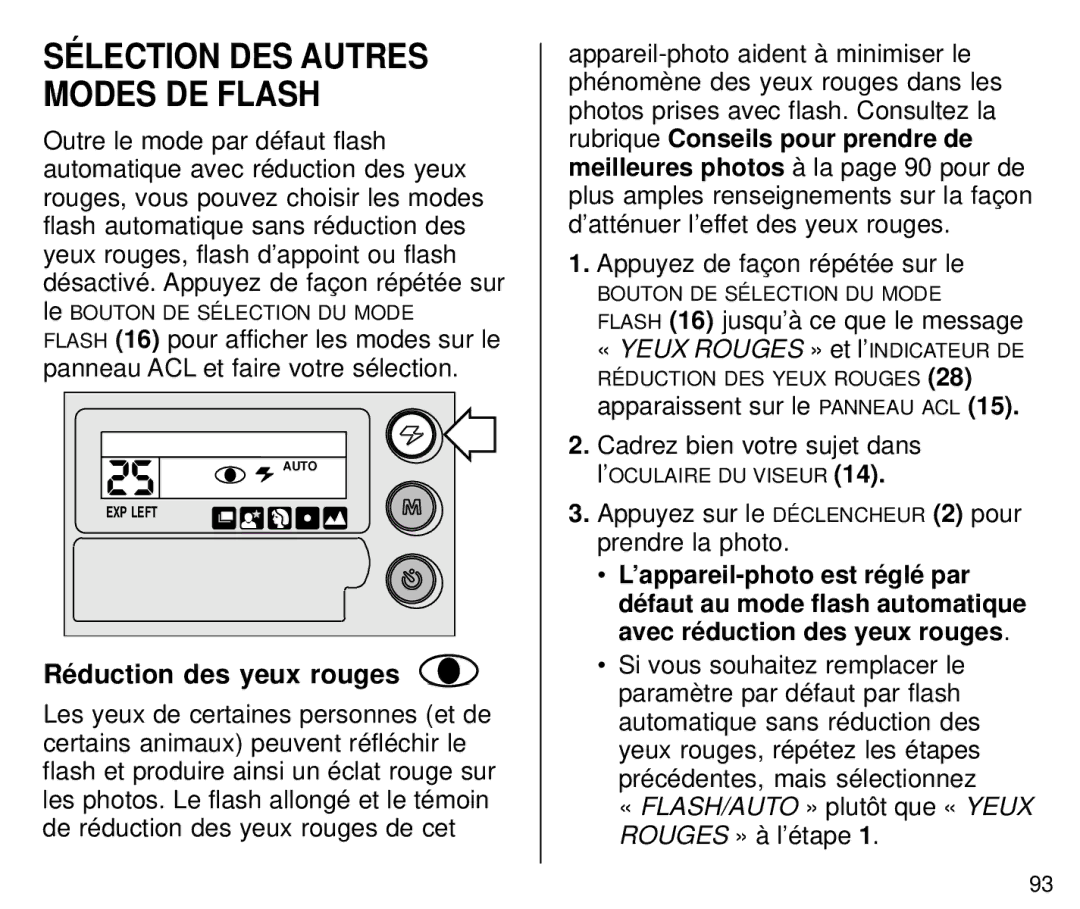 Kodak C800/C850 manual Ré duction des yeux rouges, Flash 16 jusqu’à ce que le message, ’appareil-photo est ré glé par 