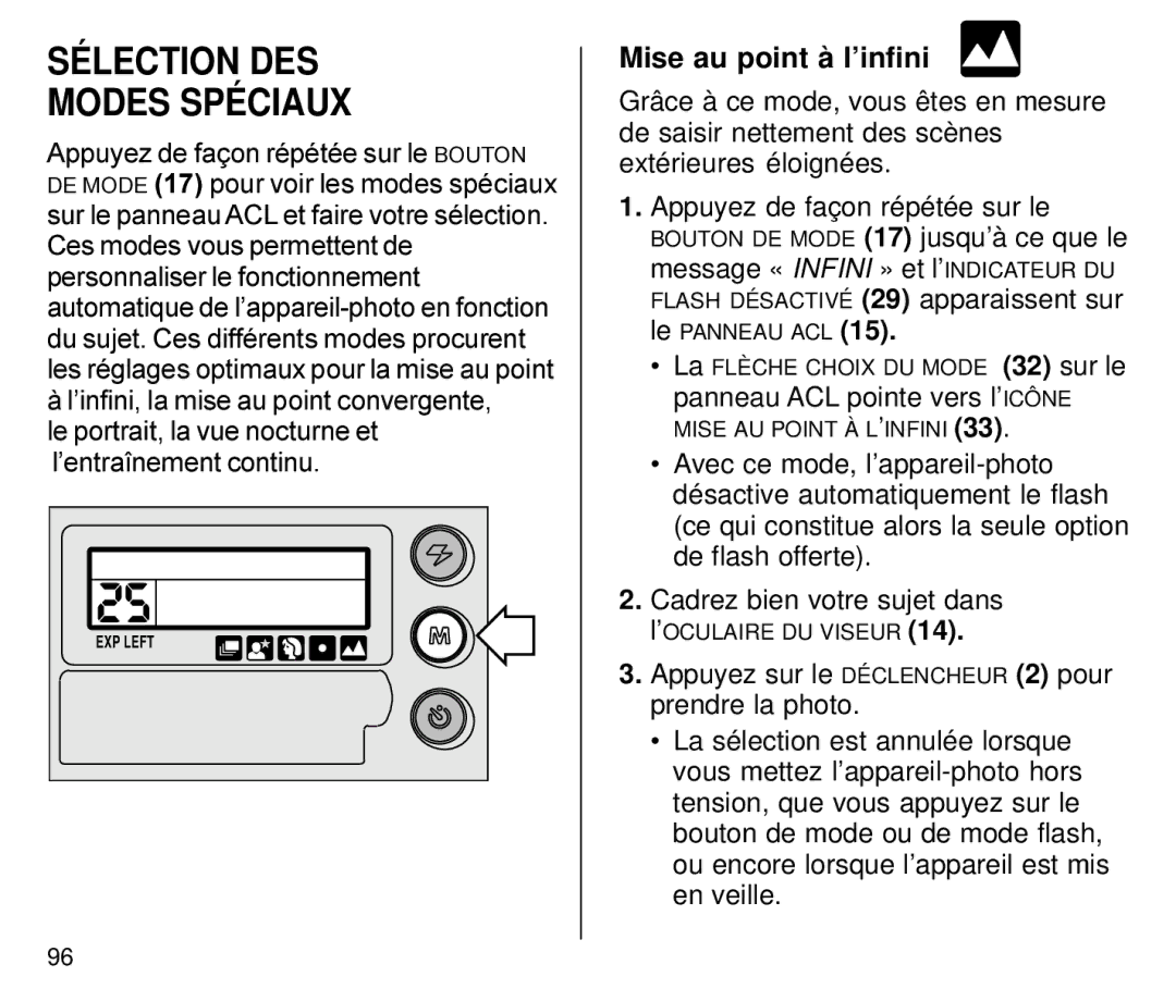 Kodak C800/C850 manual SÉ Lection DES Modes SPÉ Ciaux, Mise au point à l’infini 