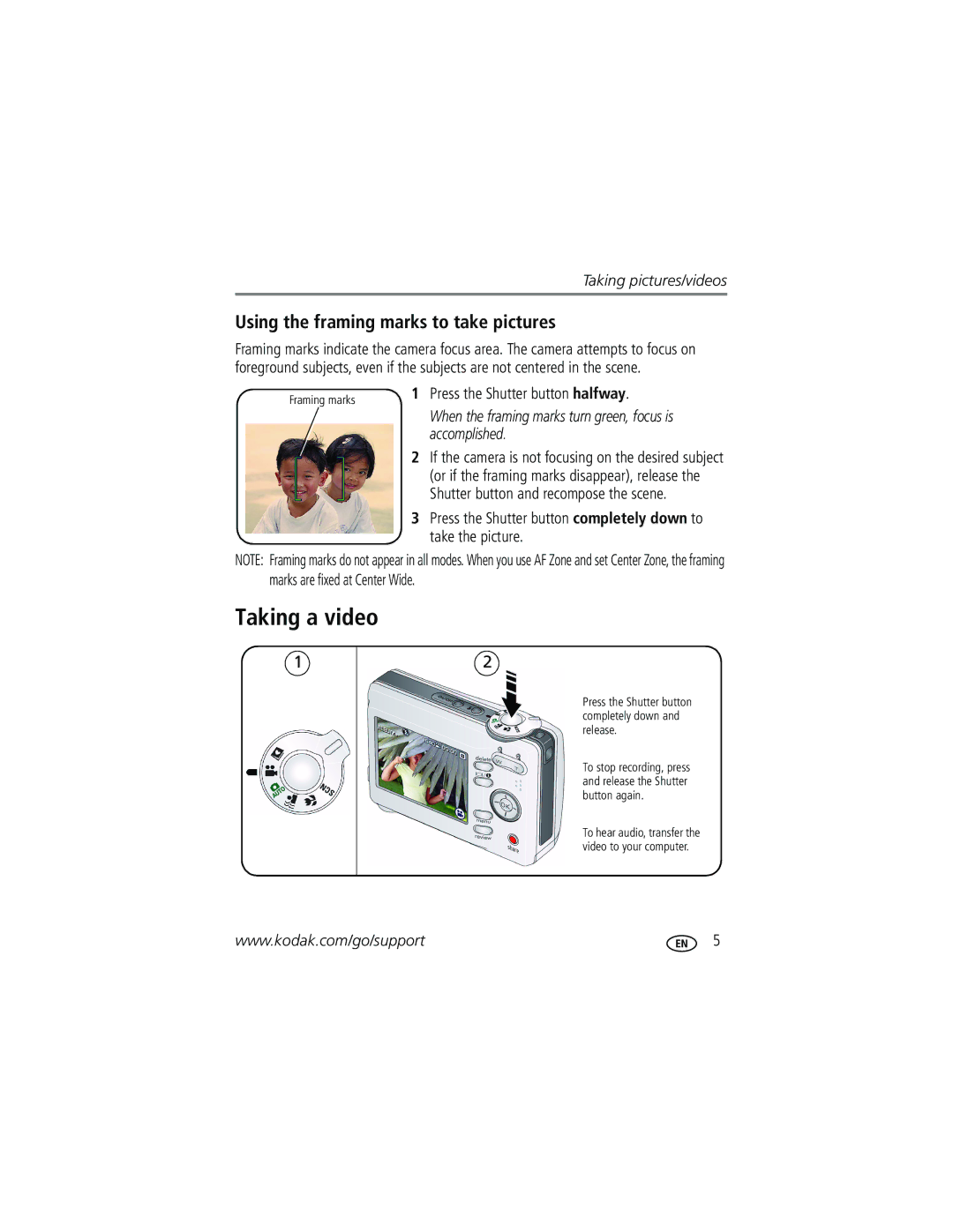 Kodak C713, C813 manual Taking a video, Using the framing marks to take pictures, Press the Shutter button halfway 