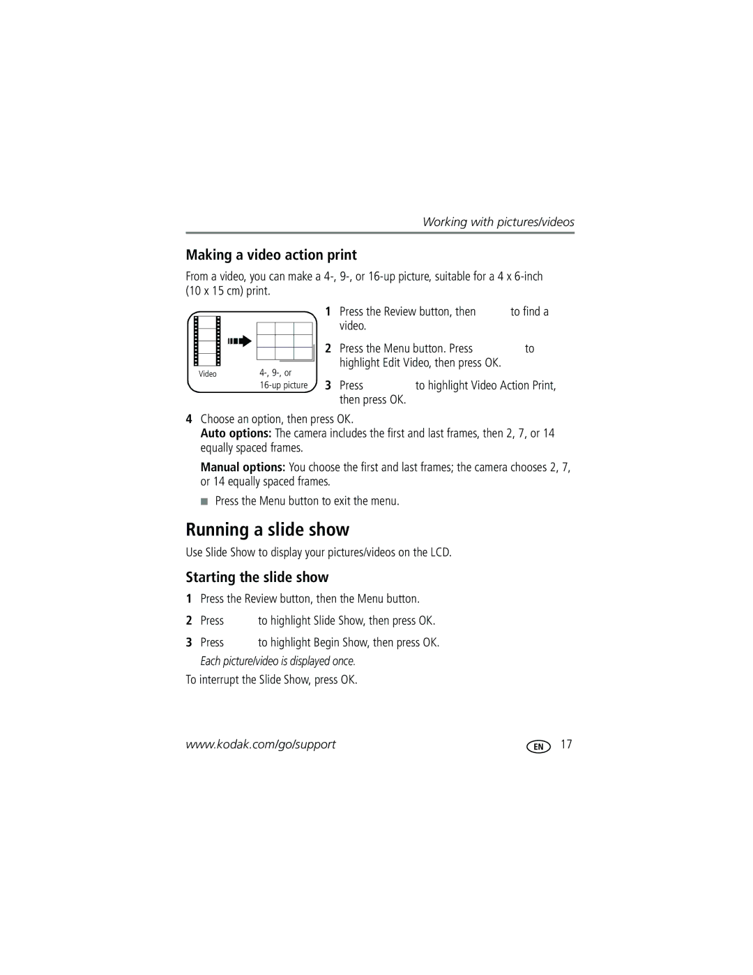 Kodak C713, C813 manual Running a slide show, Making a video action print, Starting the slide show 