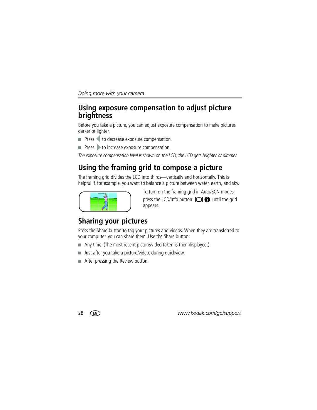 Kodak C813, C713 Using exposure compensation to adjust picture brightness, Using the framing grid to compose a picture 