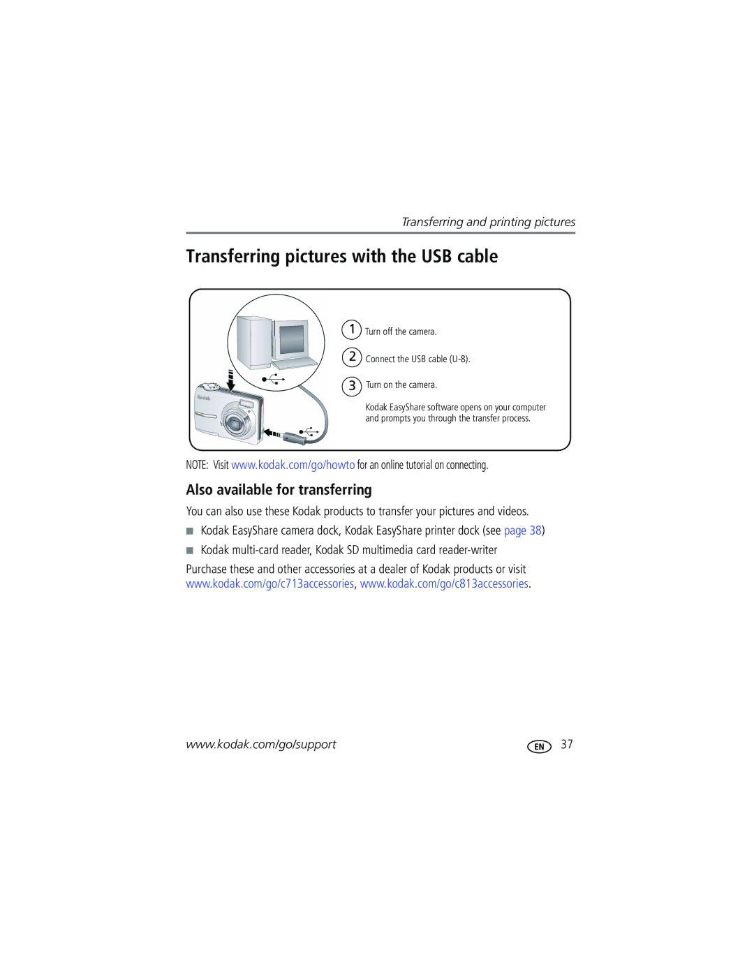 Kodak C713, C813 manual Transferring pictures with the USB cable, Also available for transferring 