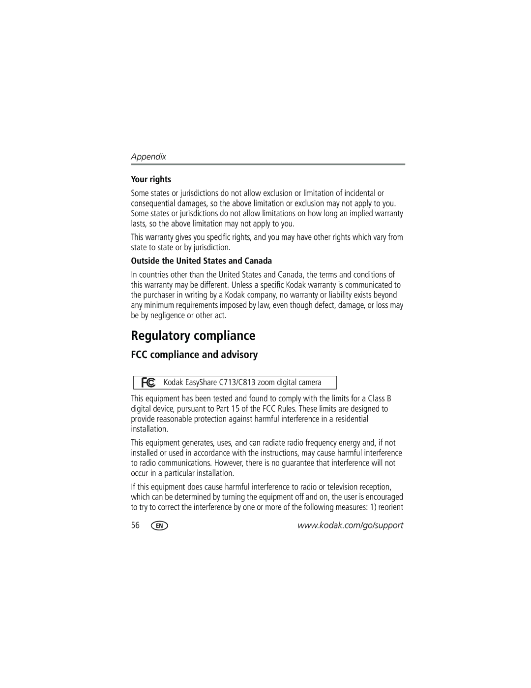 Kodak C813, C713 Regulatory compliance, FCC compliance and advisory, Your rights, Outside the United States and Canada 