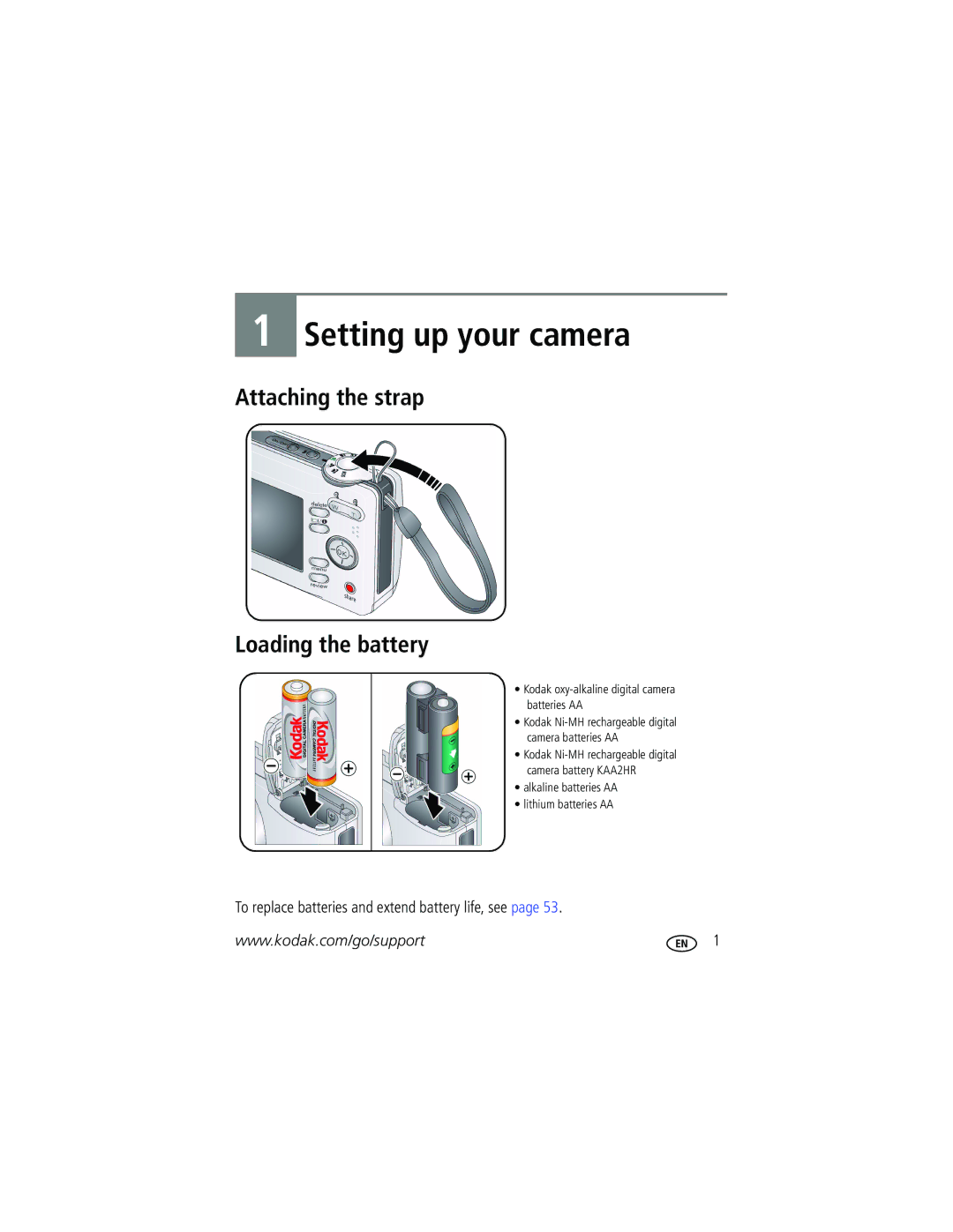 Kodak C713, C813 manual Attaching the strap Loading the battery, To replace batteries and extend battery life, see 