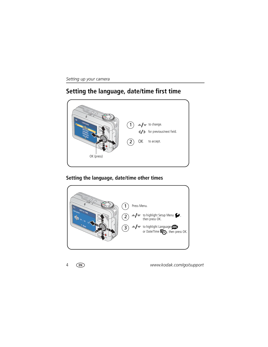 Kodak C875 manual Setting the language, date/time first time, Setting the language, date/time other times 