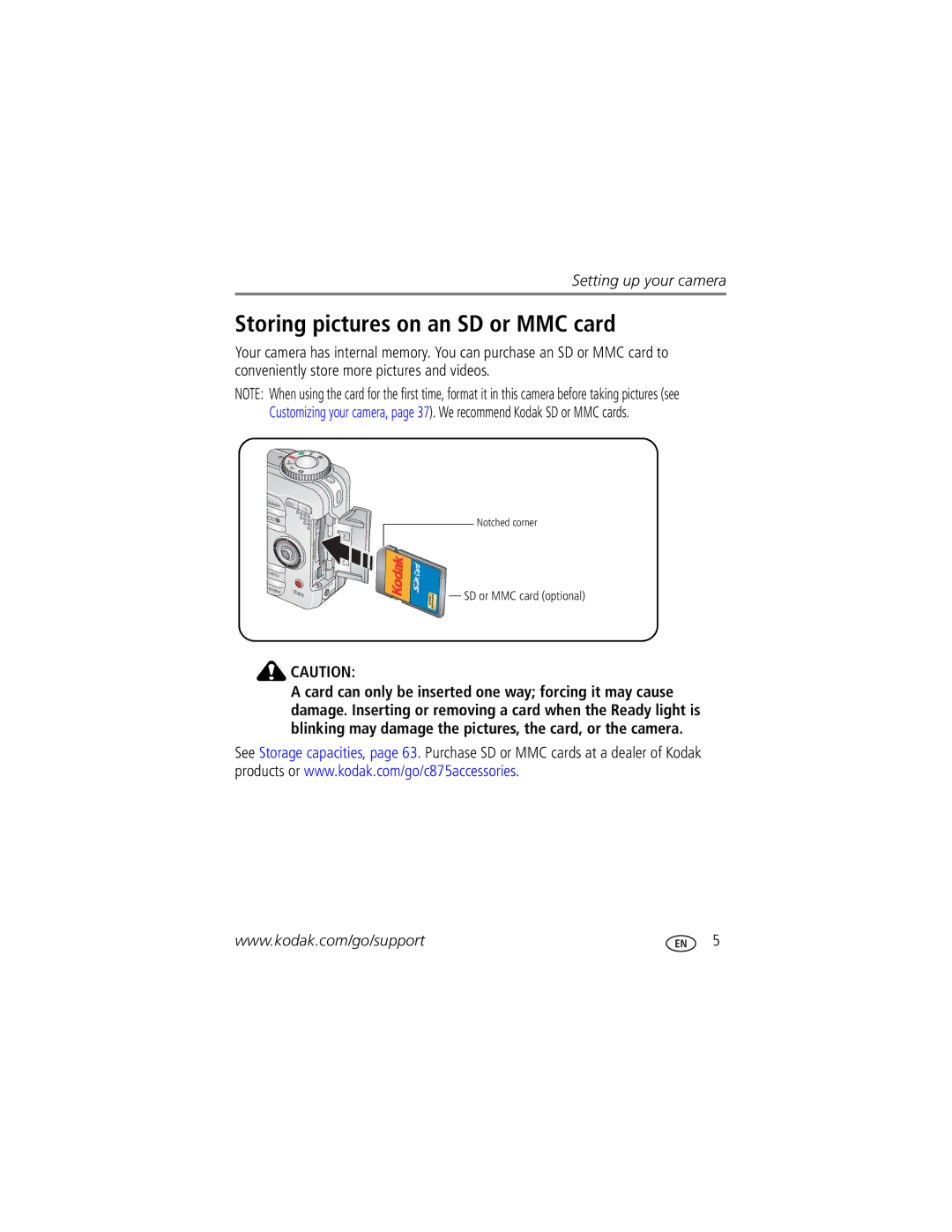 Kodak C875 manual Storing pictures on an SD or MMC card 