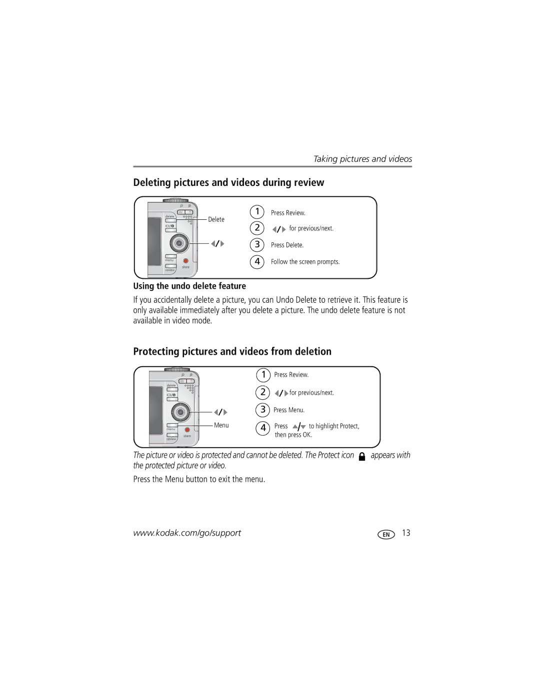 Kodak C875 manual Deleting pictures and videos during review, Protecting pictures and videos from deletion 