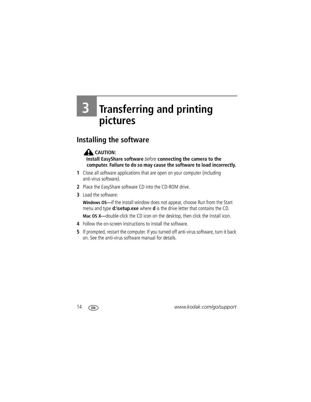 Kodak C875 manual Transferring and printing pictures, Follow the on-screen instructions to install the software 