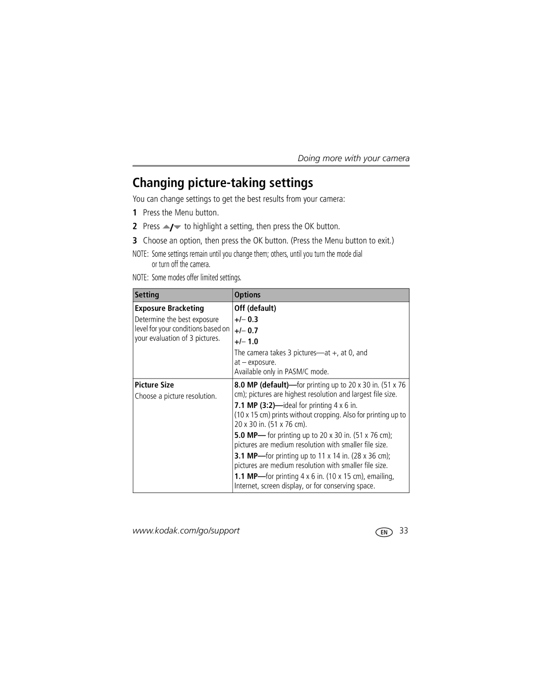 Kodak C875 manual Changing picture-taking settings 