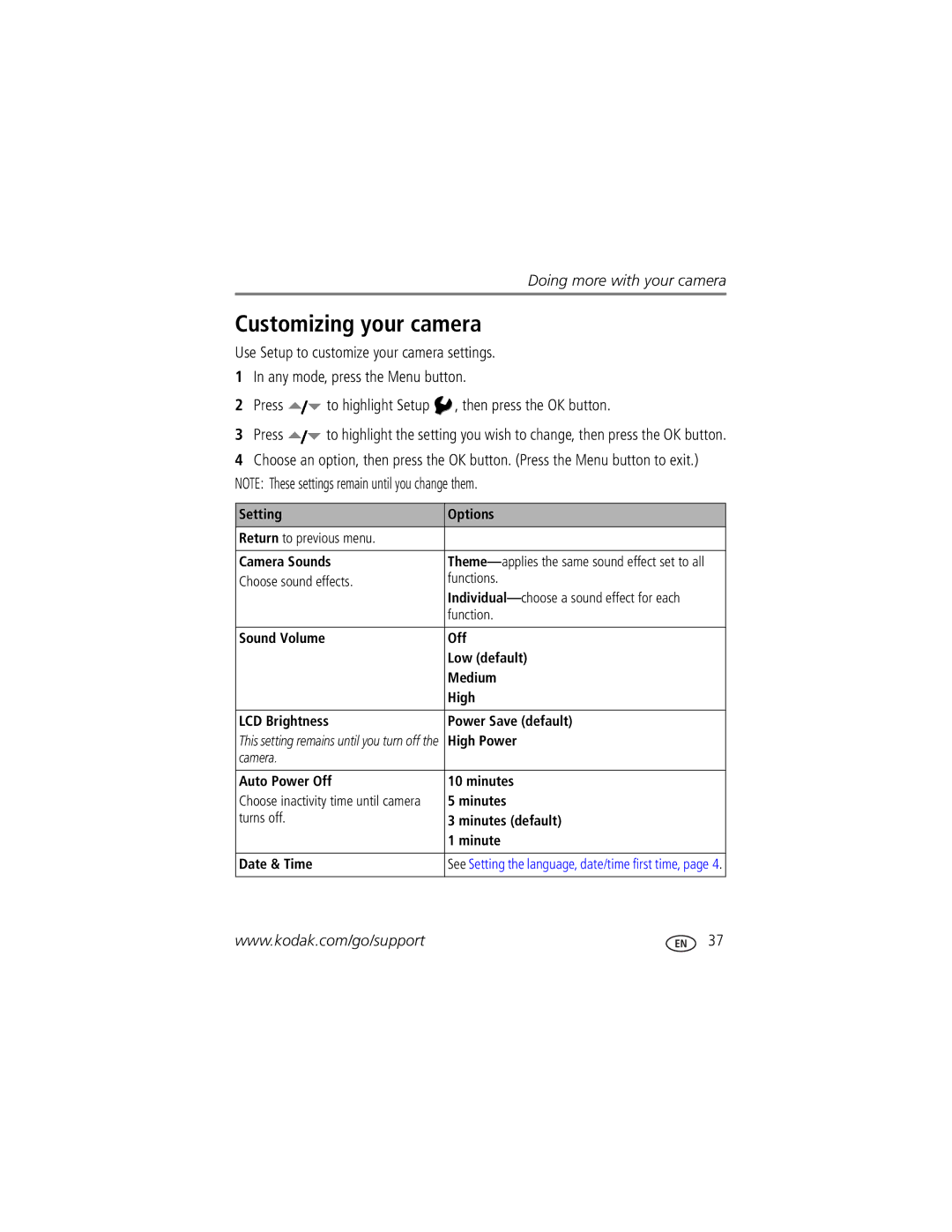 Kodak C875 manual Customizing your camera, Setting Options Return to previous menu Camera Sounds, High Power 