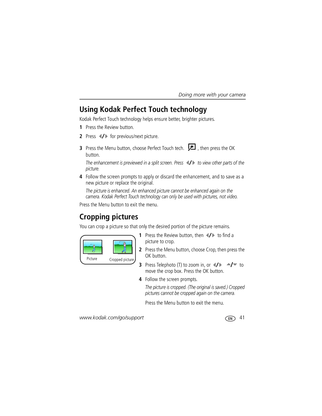 Kodak C875 manual Using Kodak Perfect Touch technology, Cropping pictures, Press Telephoto T to zoom in, or 