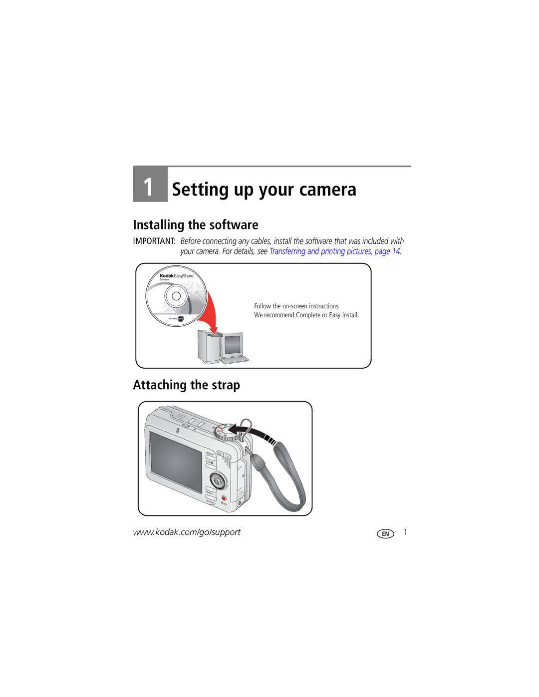 Kodak C875 manual Installing the software, Attaching the strap 