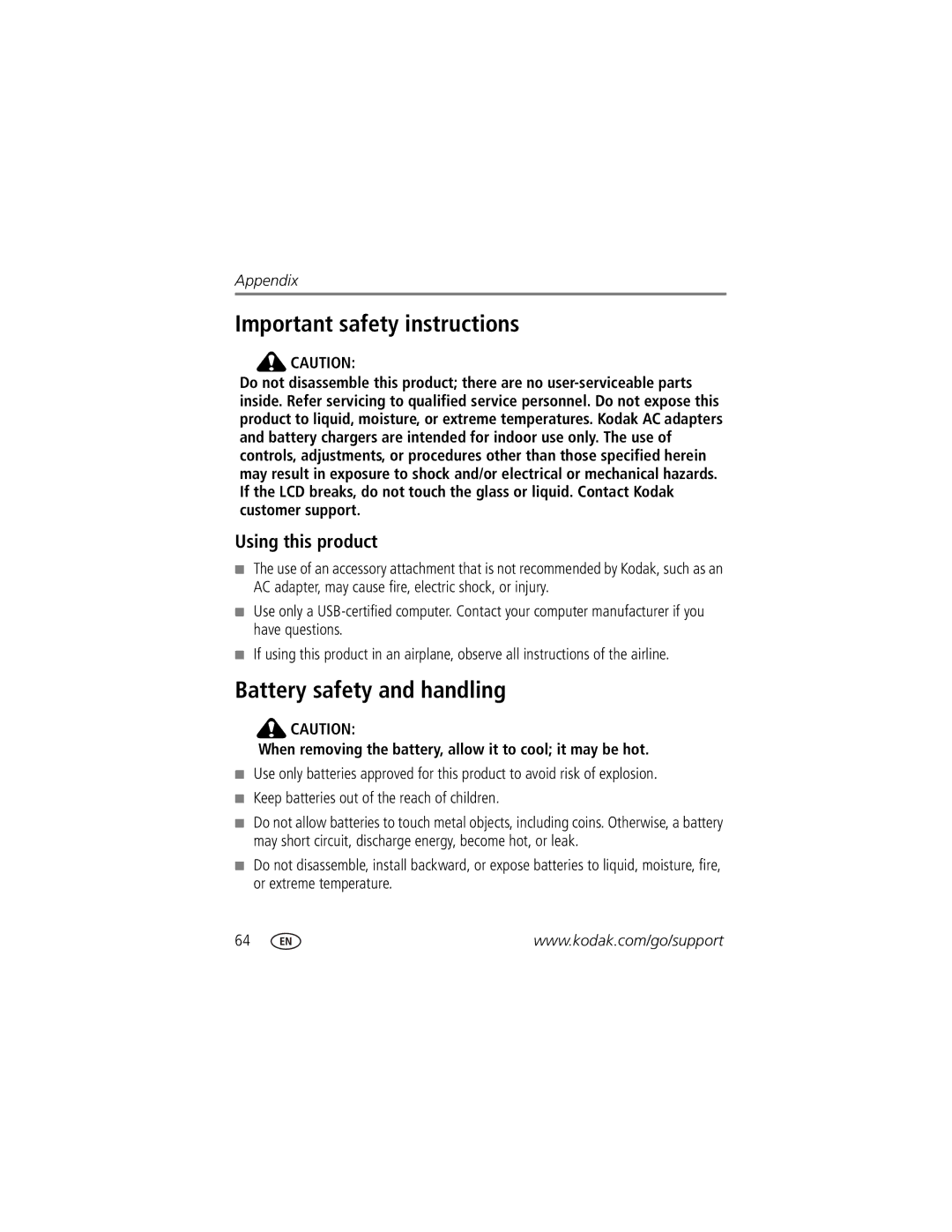 Kodak C875 manual Important safety instructions, Battery safety and handling, Using this product 