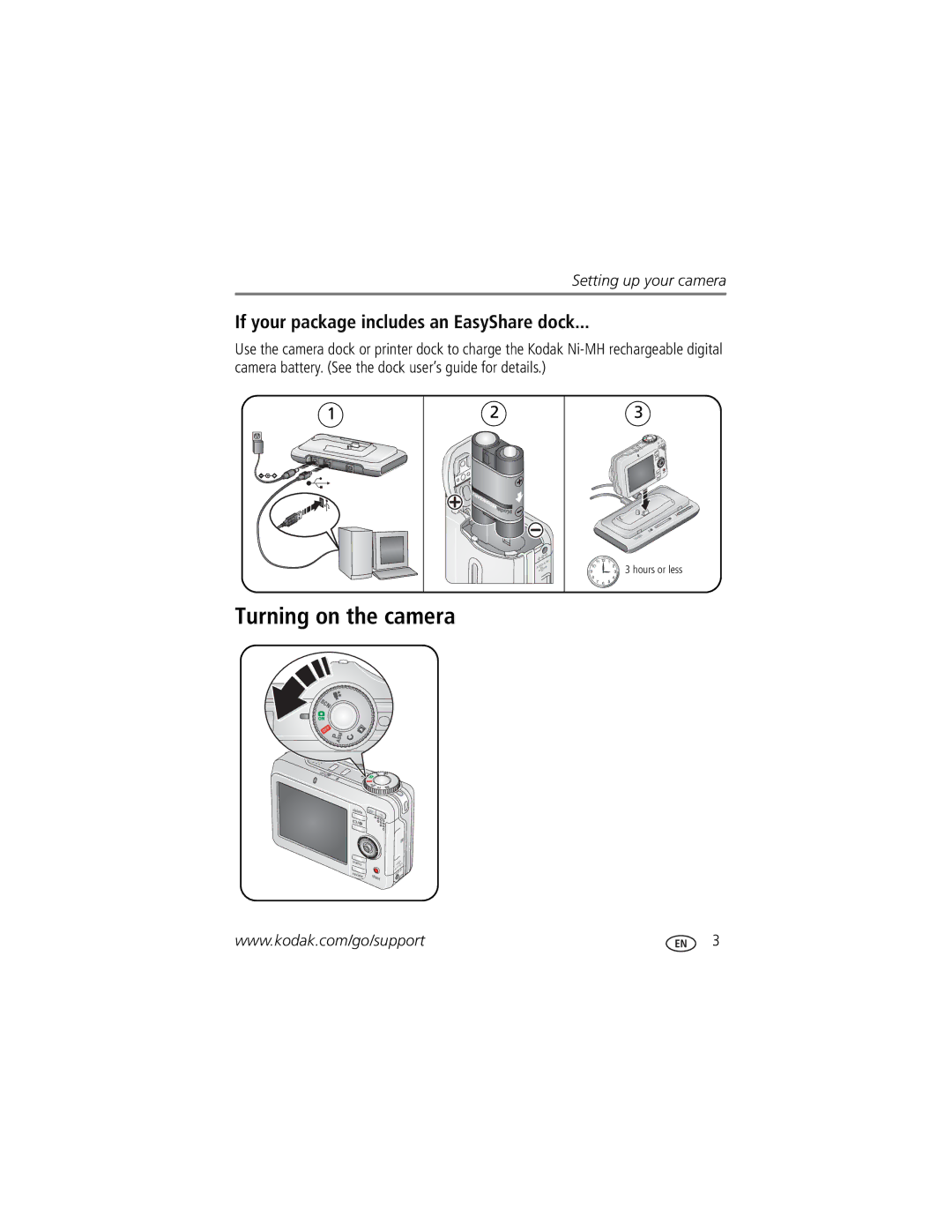 Kodak C875 manual Turning on the camera, If your package includes an EasyShare dock 