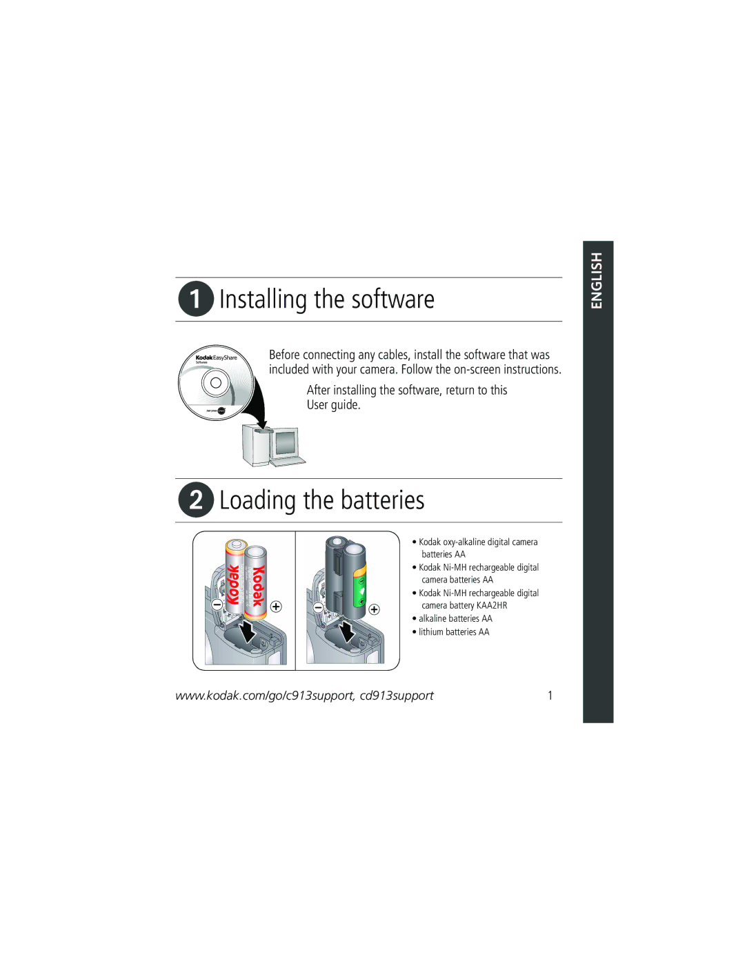 Kodak C913 manual Installing the software, Loading the batteries 