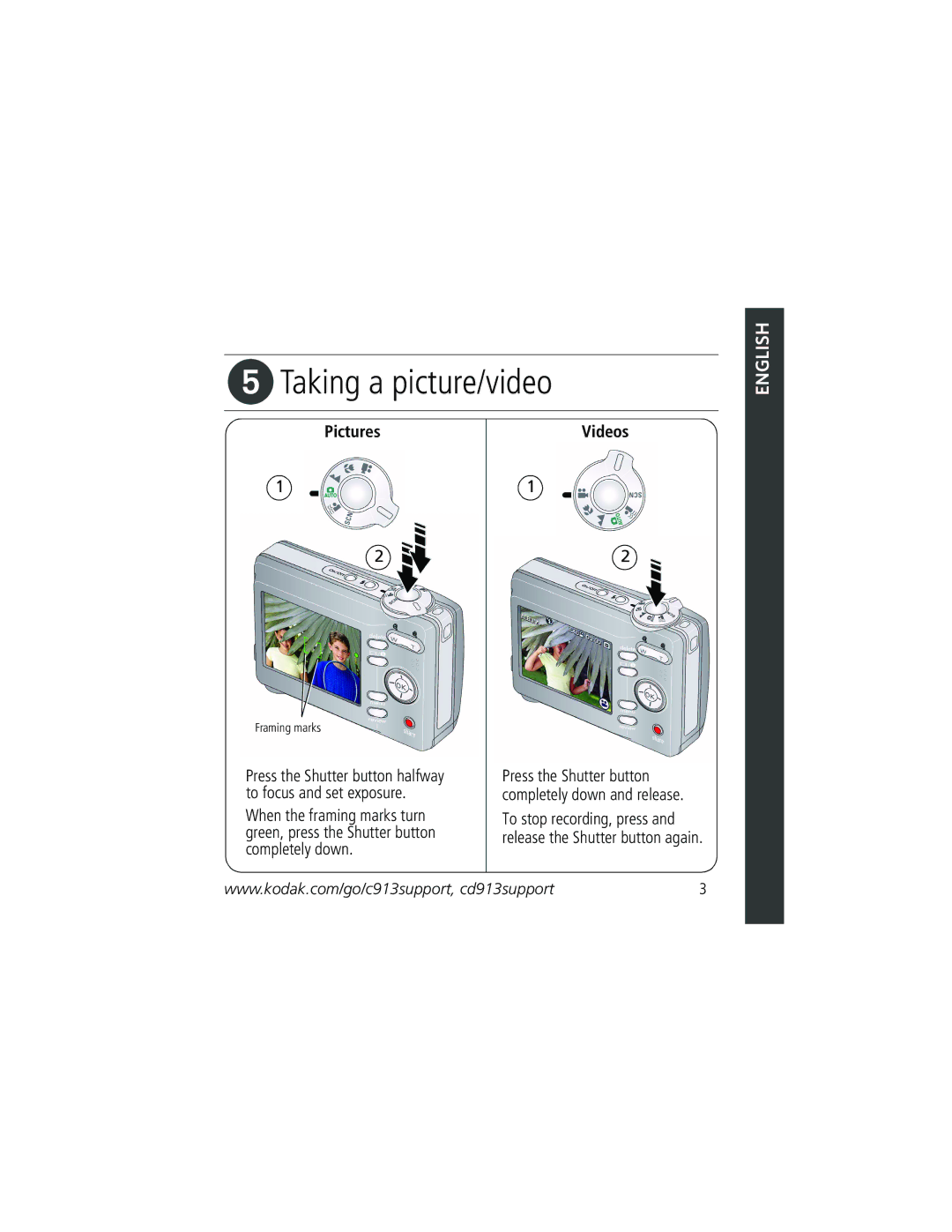 Kodak C913 manual Taking a picture/video, Pictures, Videos 
