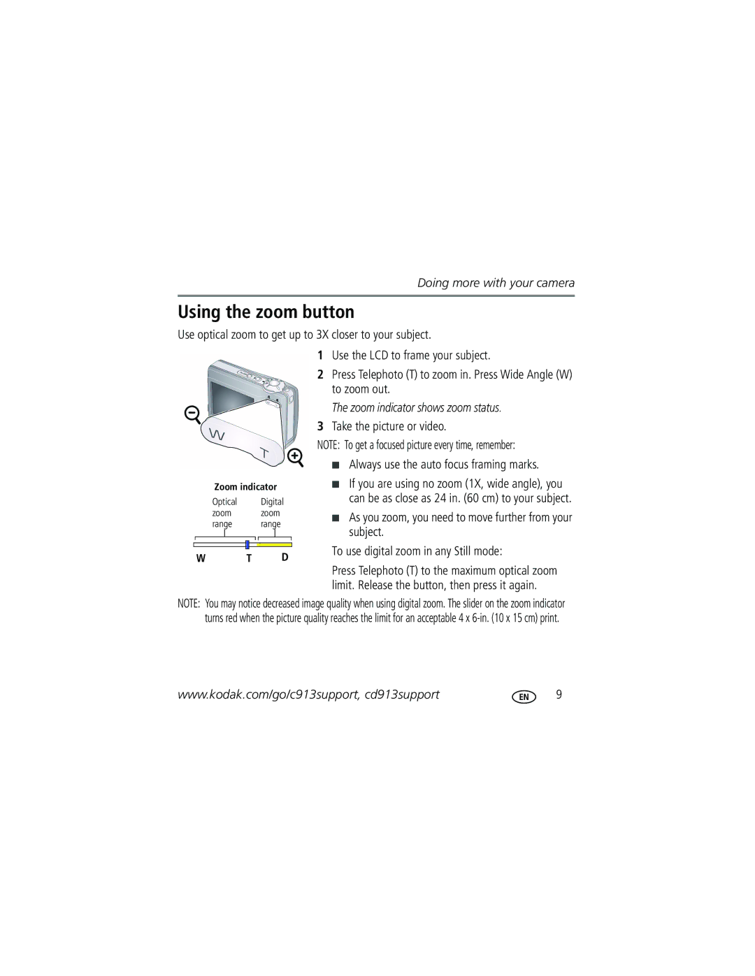 Kodak C913 manual Using the zoom button, Zoom indicator shows zoom status 