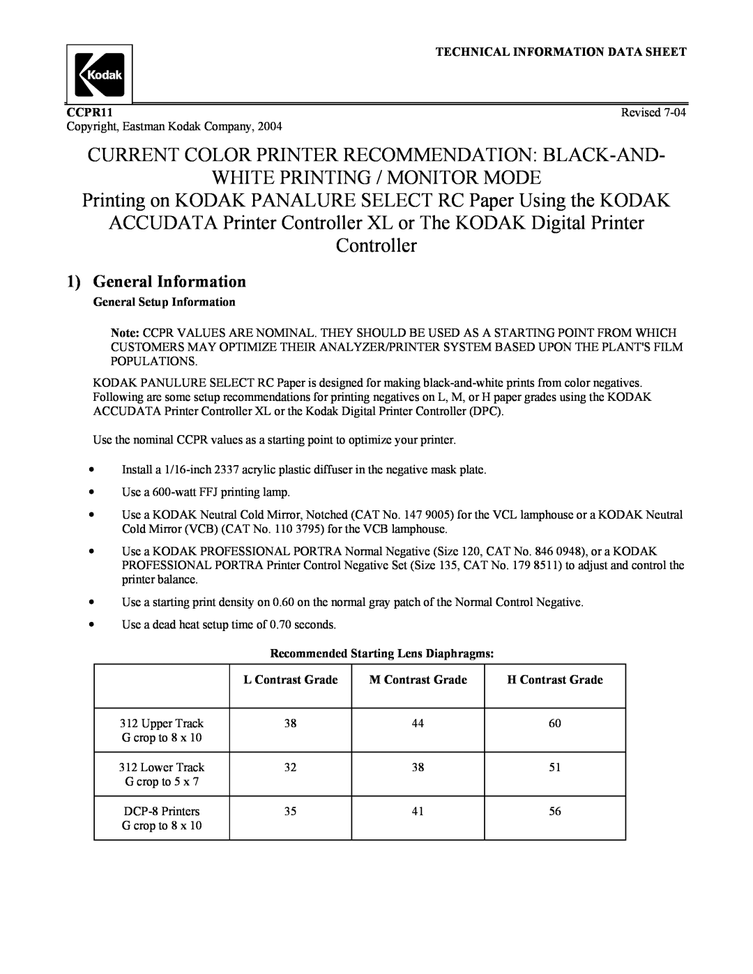 Kodak CCPR11 manual Technical Information Data Sheet, General Setup Information, Recommended Starting Lens Diaphragms 