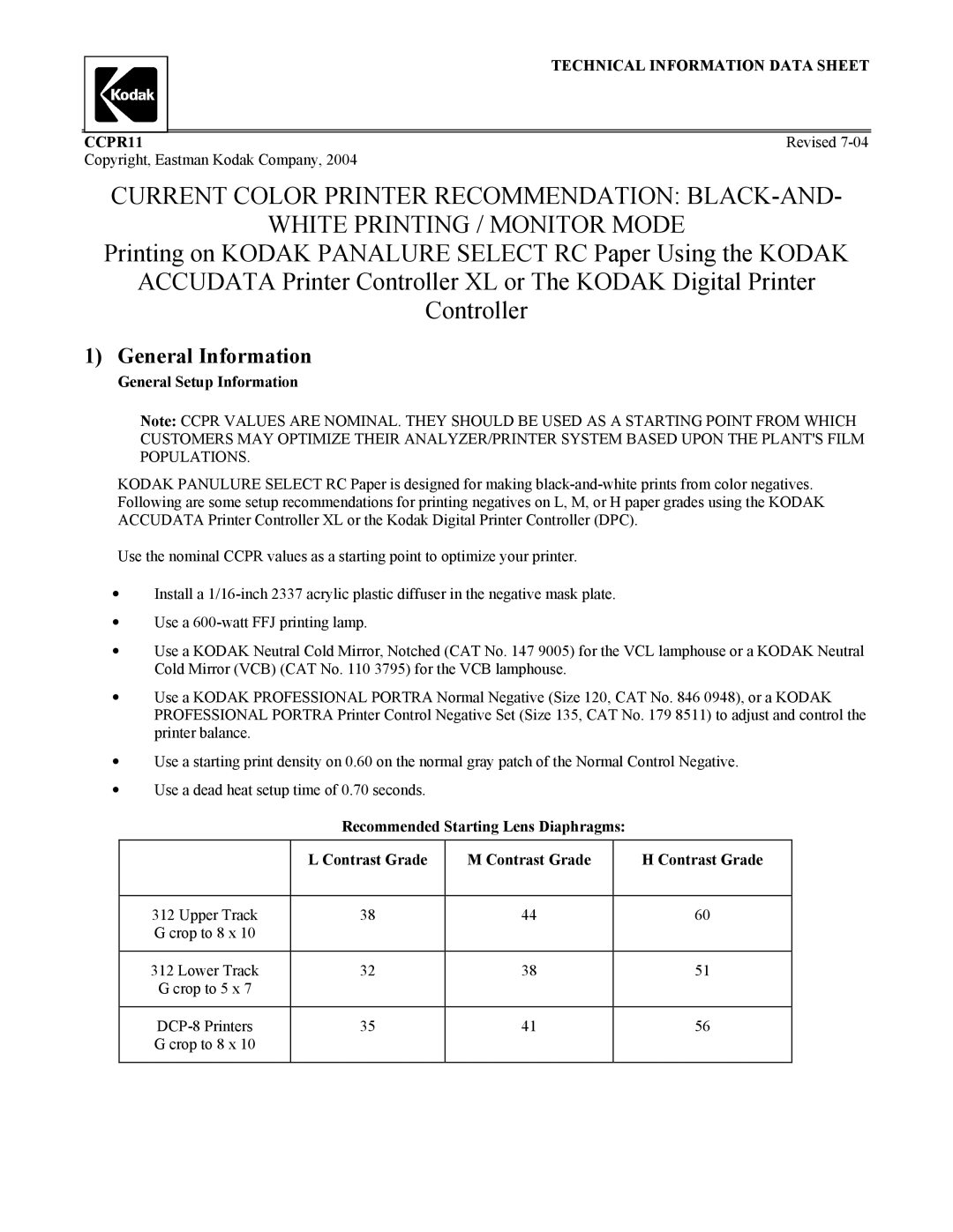 Kodak CCPR11 manual General Setup Information, Recommended Starting Lens Diaphragms Contrast Grade 