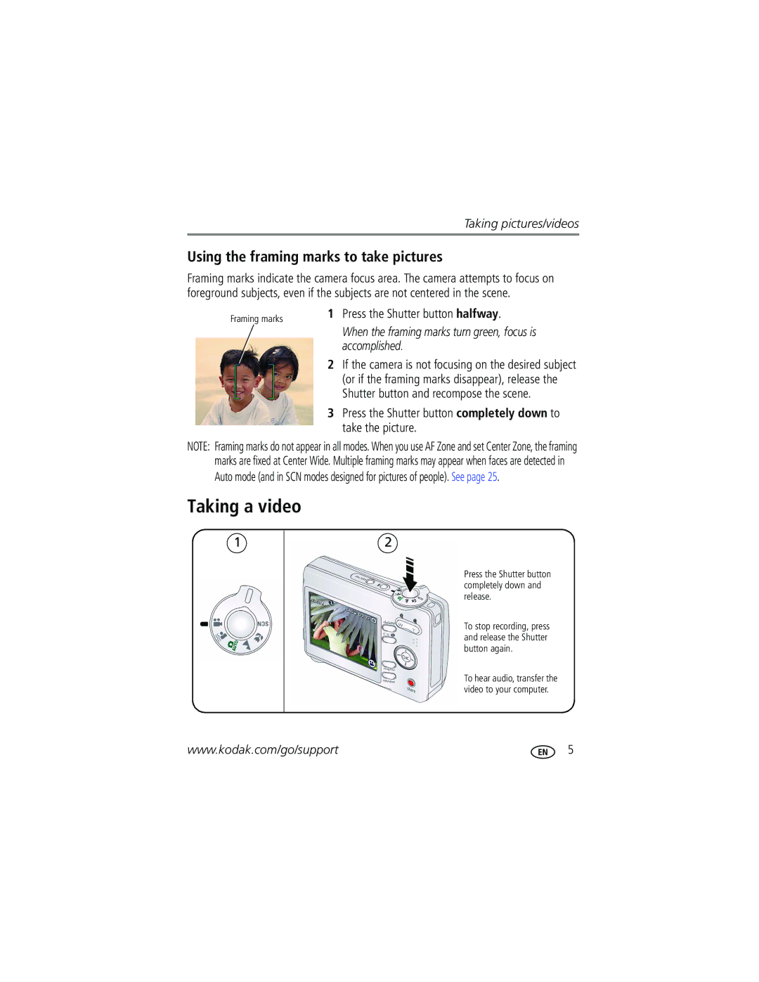 Kodak CD1013 manual Taking a video, Using the framing marks to take pictures, Press the Shutter button halfway 