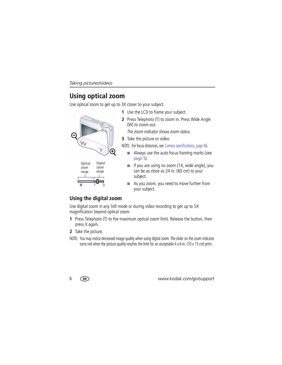 Kodak CD1013 manual Using optical zoom, Using the digital zoom, Use optical zoom to get up to 3X closer to your subject 