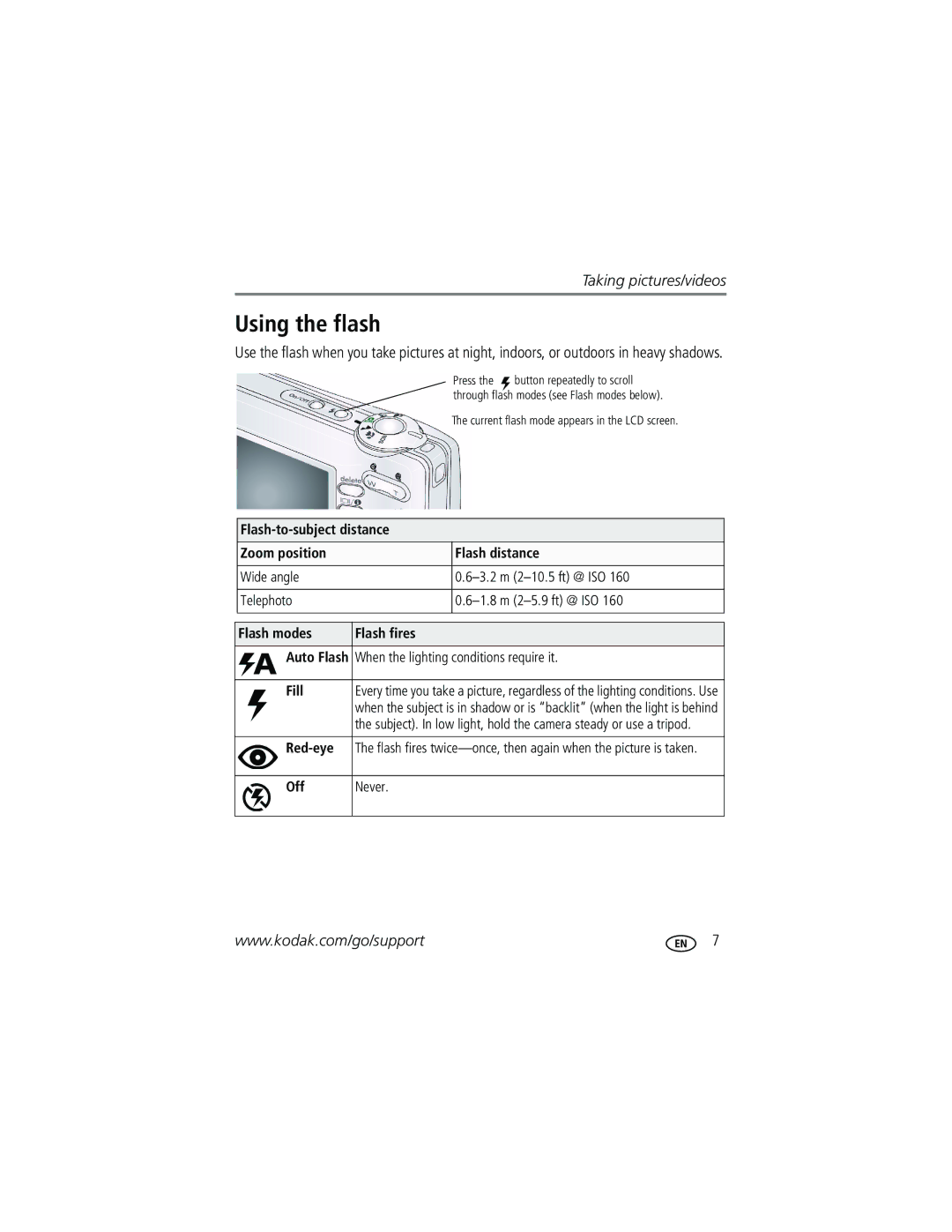 Kodak CD1013 manual Using the flash 