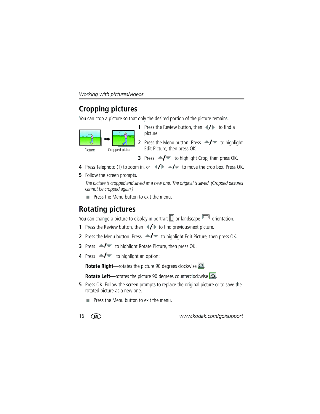 Kodak CD1013 Cropping pictures, Rotating pictures, Edit Picture, then press OK, Press to highlight Crop, then press OK 