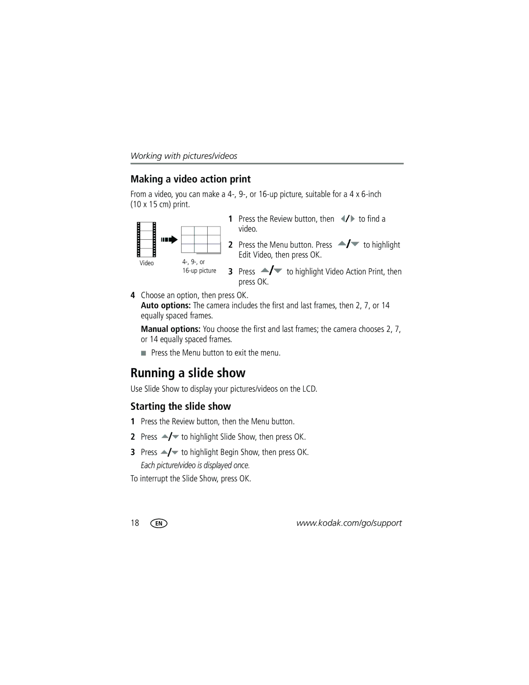 Kodak CD1013 manual Running a slide show, Making a video action print, Starting the slide show 