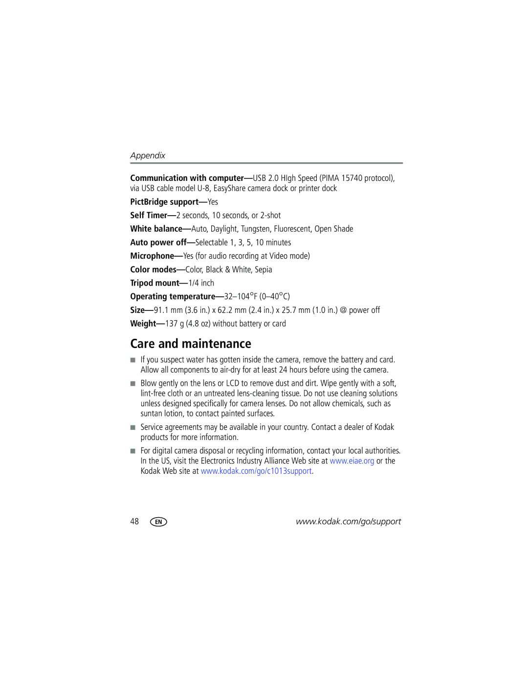 Kodak CD1013 manual Care and maintenance, PictBridge support-Yes, Self Timer-2 seconds, 10 seconds, or 2-shot 