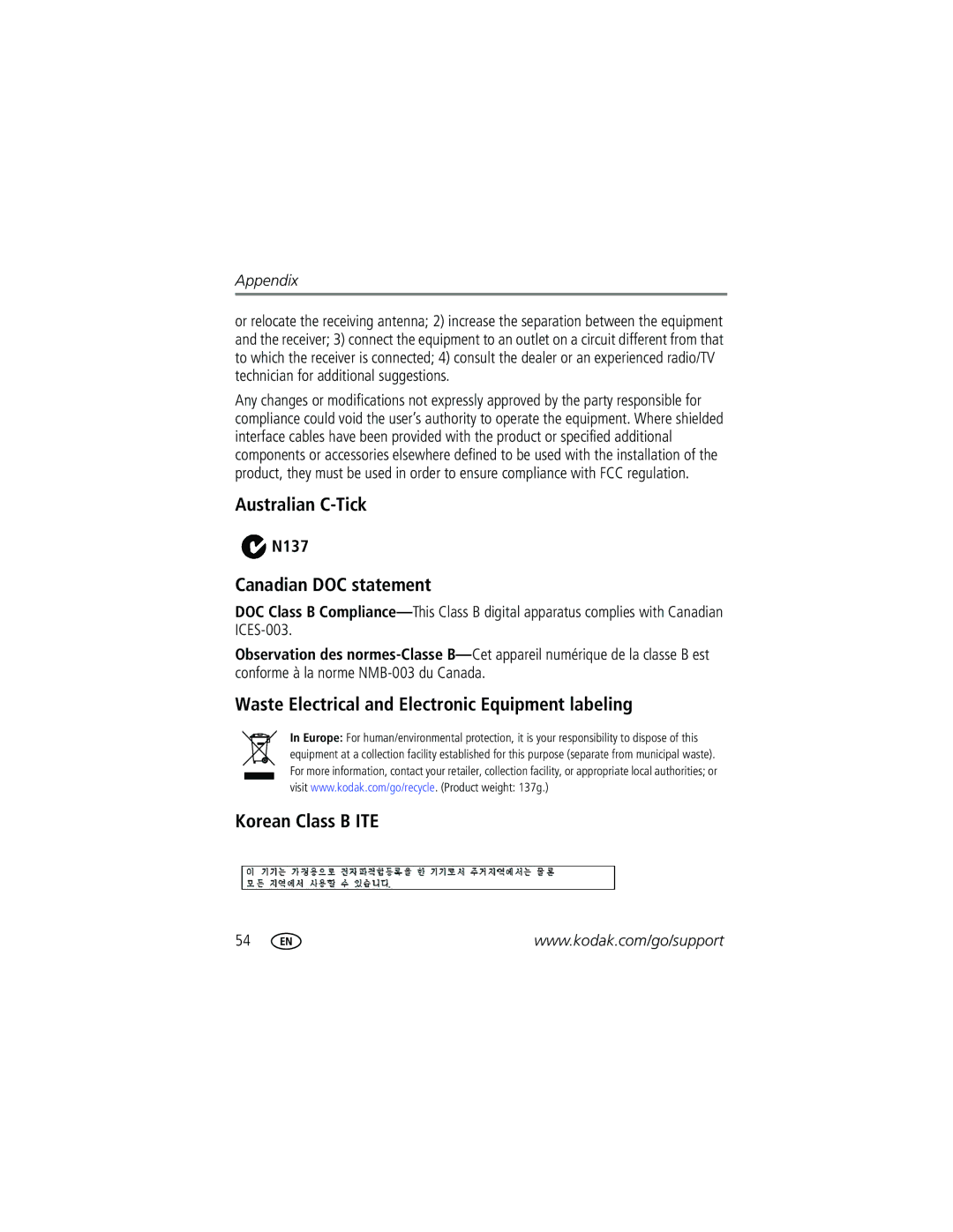 Kodak CD1013 manual Australian C-Tick, Canadian DOC statement, N137 