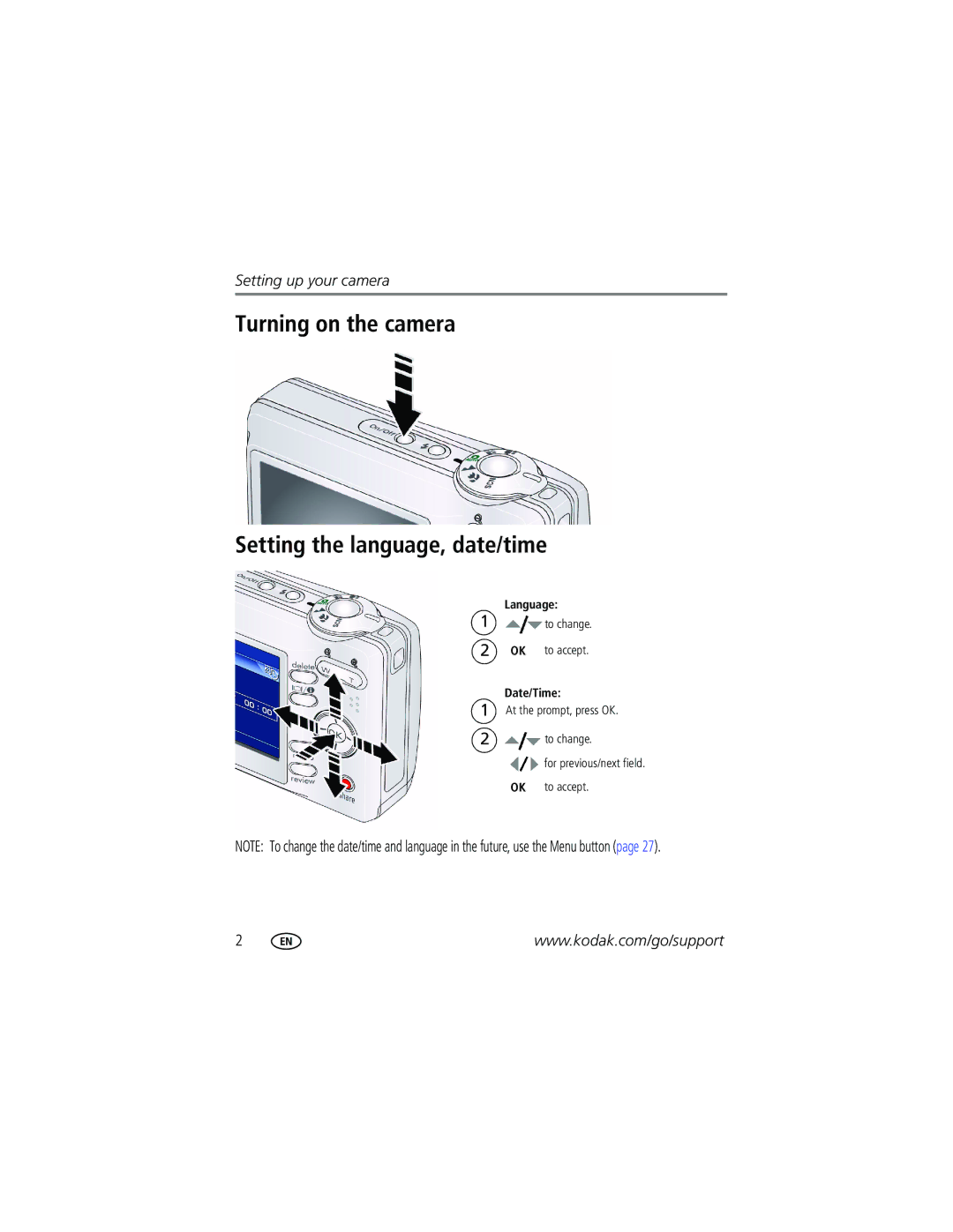 Kodak CD1013 manual Turning on the camera Setting the language, date/time 