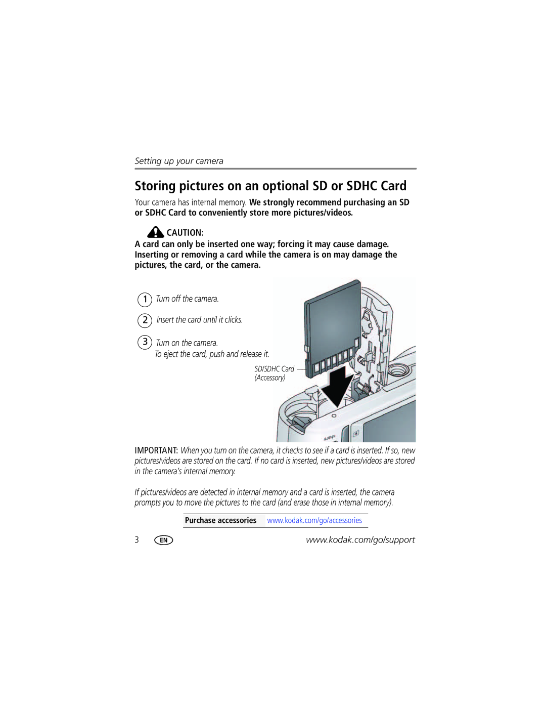 Kodak CD153 manual Storing pictures on an optional SD or Sdhc Card 