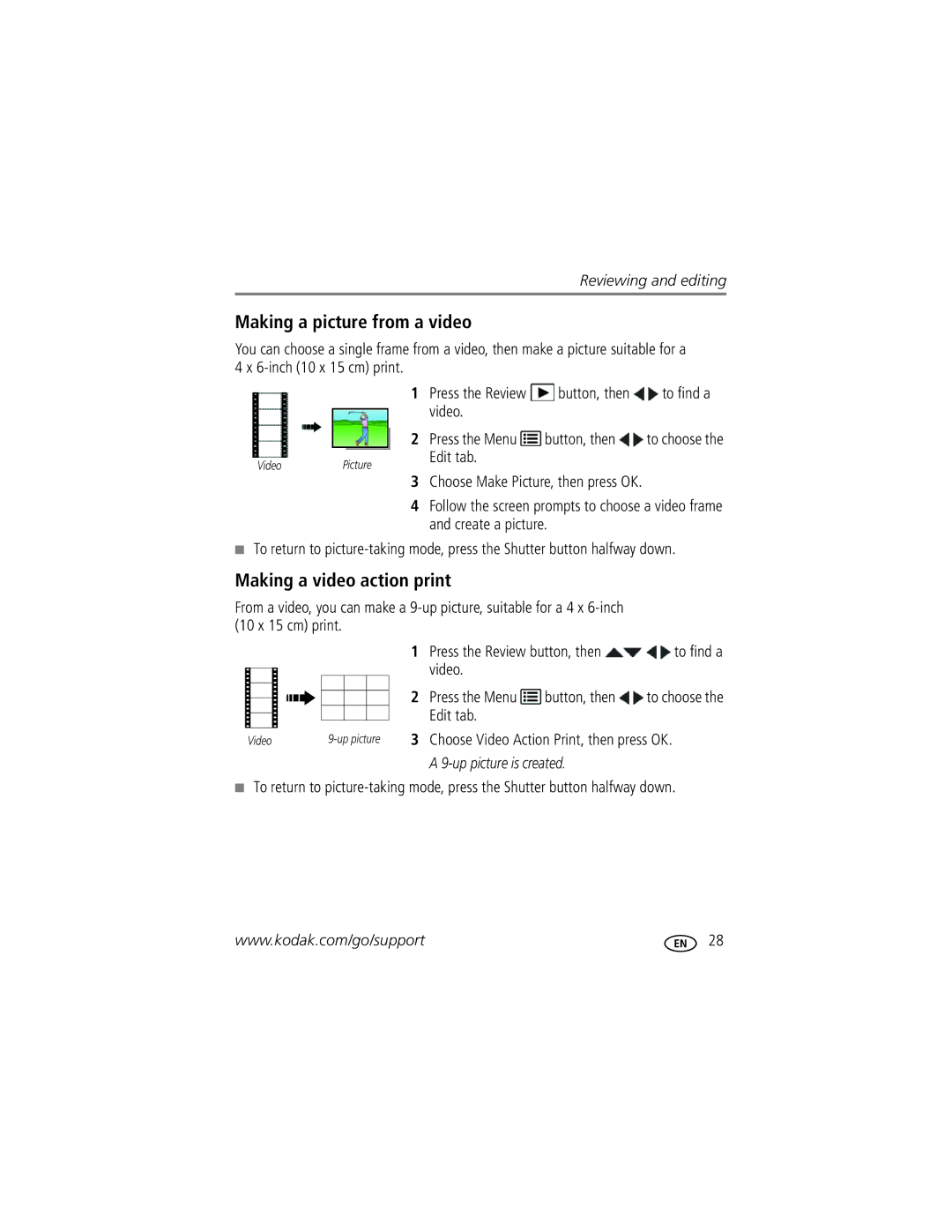 Kodak CD153 manual Making a picture from a video, Making a video action print, Video Press the Menu Button, then, Edit tab 