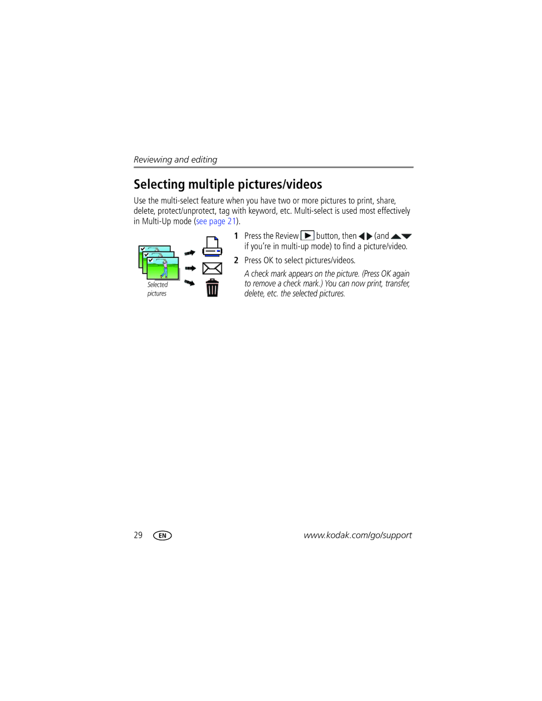 Kodak CD153 manual Selecting multiple pictures/videos, Press OK to select pictures/videos 