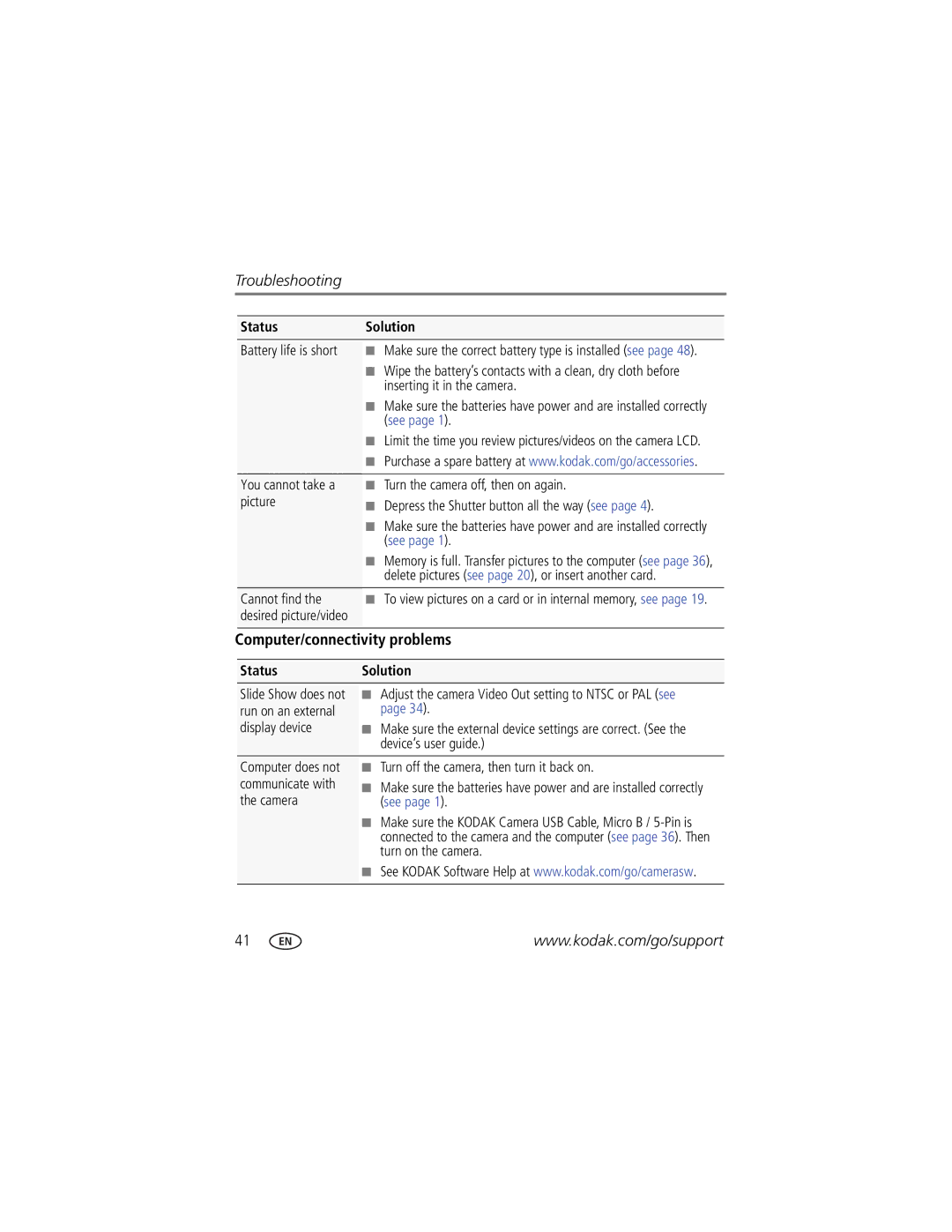 Kodak CD153 manual Computer/connectivity problems, Troubleshooting 