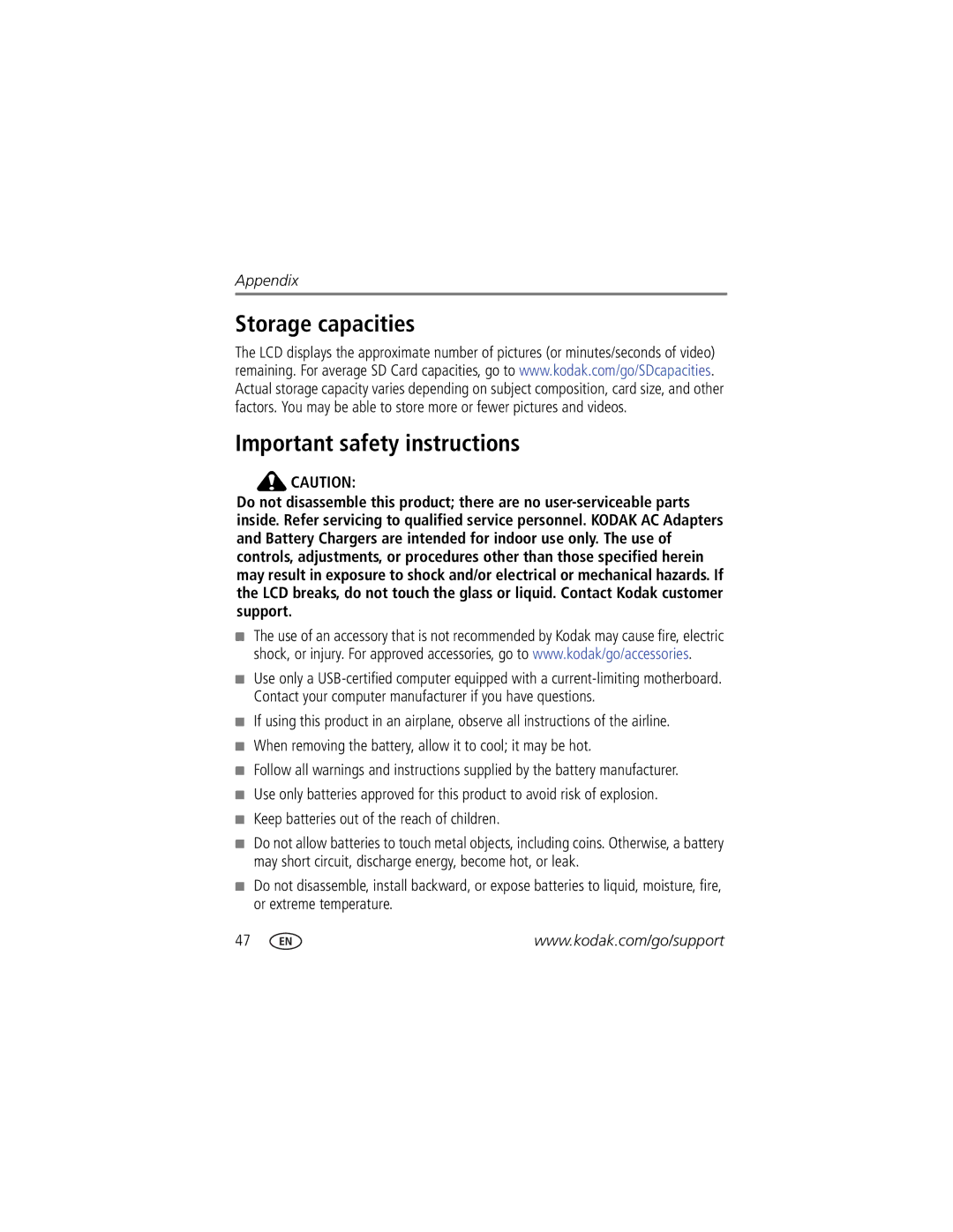 Kodak CD153 Storage capacities Important safety instructions, When removing the battery, allow it to cool it may be hot 