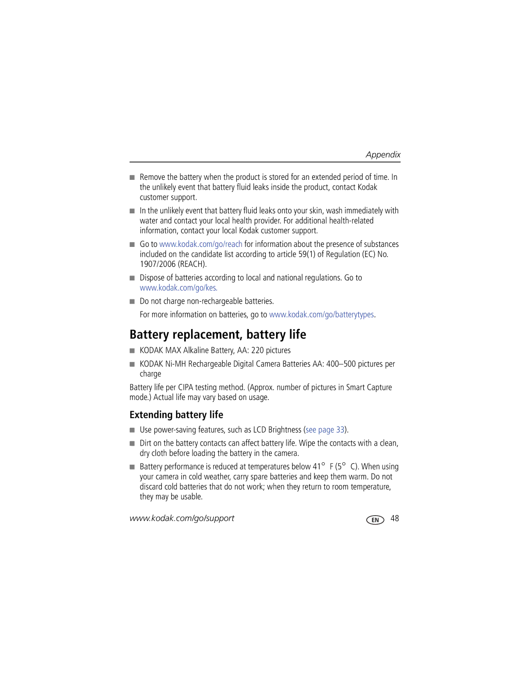 Kodak CD153 manual Battery replacement, battery life, Extending battery life, Do not charge non-rechargeable batteries 