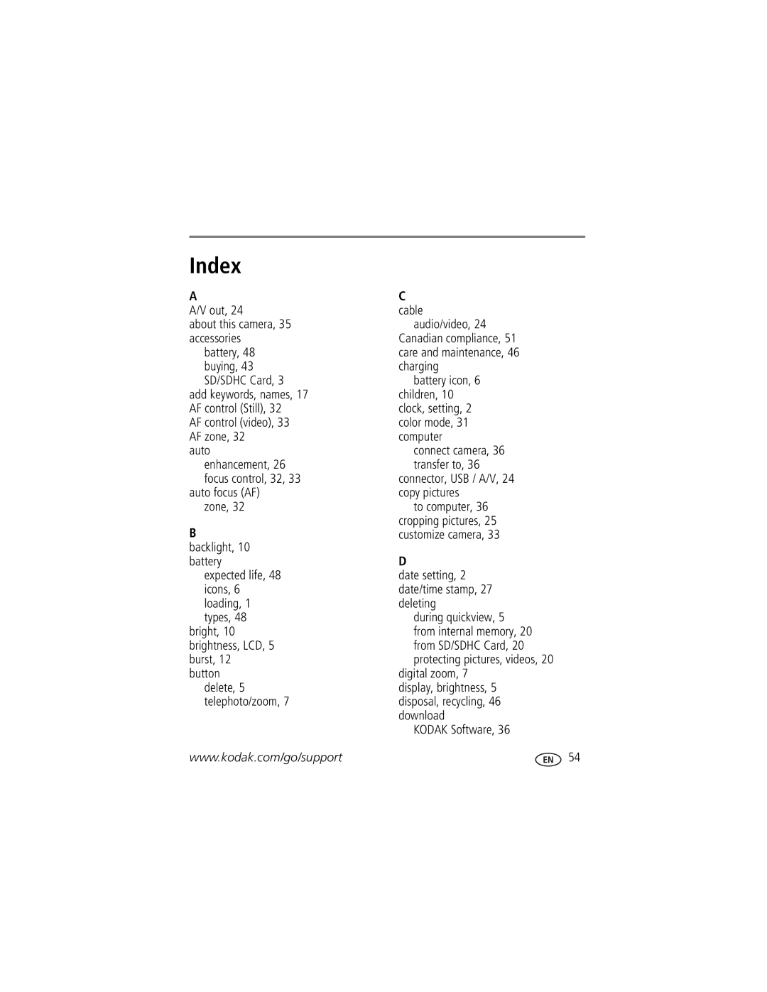 Kodak CD153 manual Index 