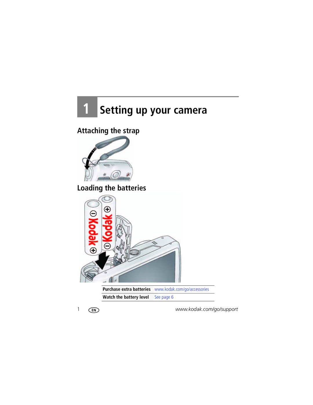 Kodak CD153 manual Setting up your camera, Attaching the strap Loading the batteries 