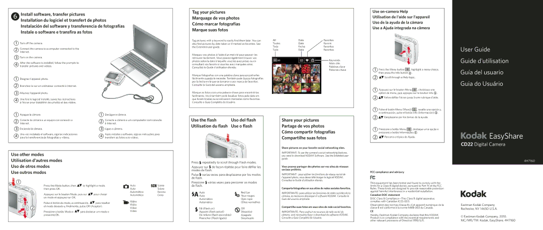 Kodak CD22 manual Install software, transfer pictures, Use the ﬂash, Use o ﬂash, Use outros modos, Uso del ﬂash 