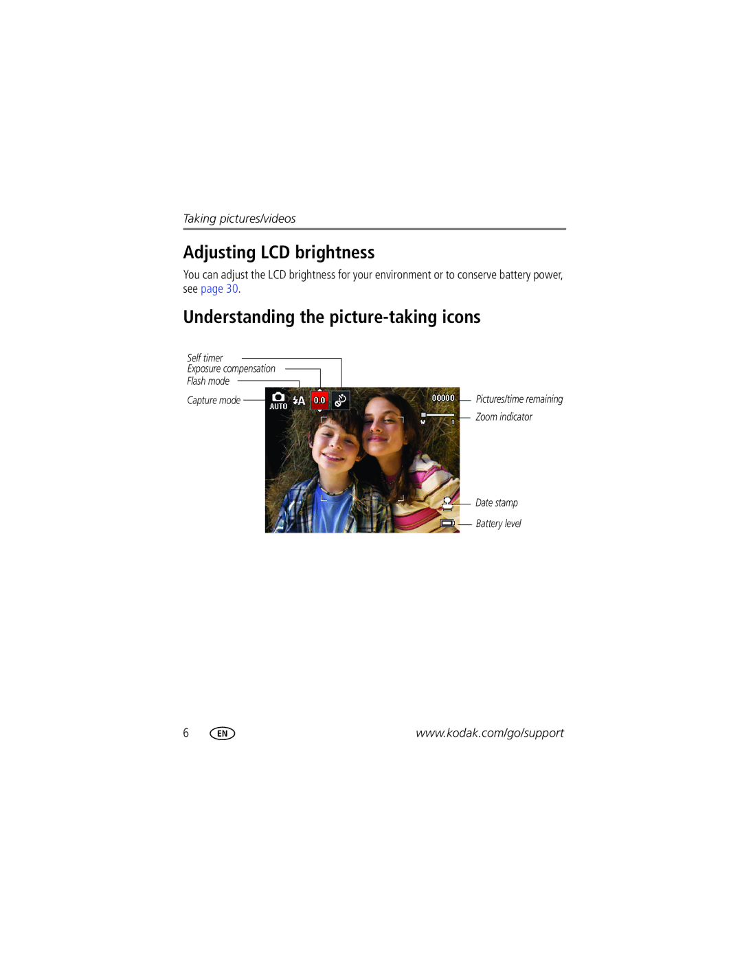 Kodak CD24 manual Adjusting LCD brightness, Understanding the picture-taking icons 