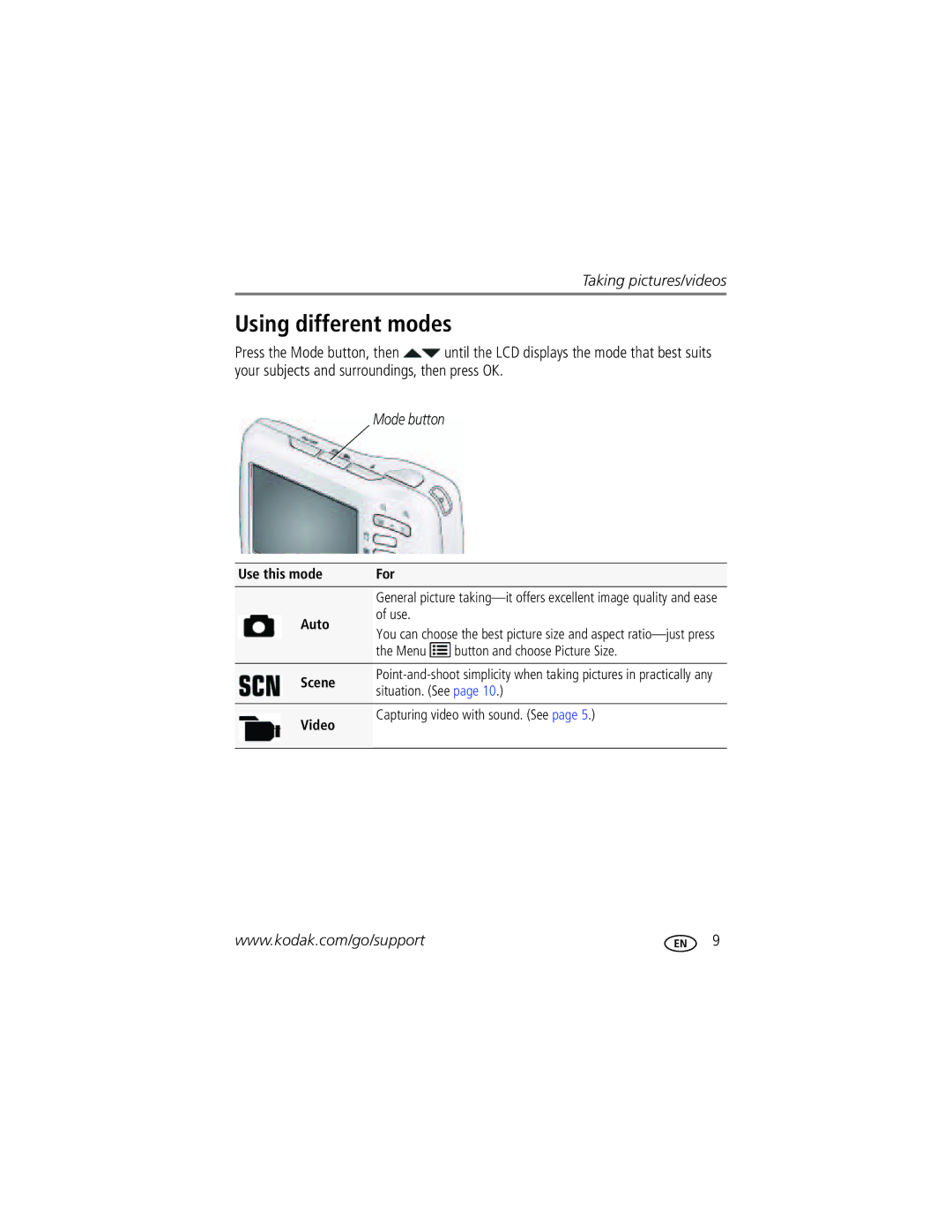 Kodak CD24 manual Using different modes, Use this mode For Auto, Scene, Video 