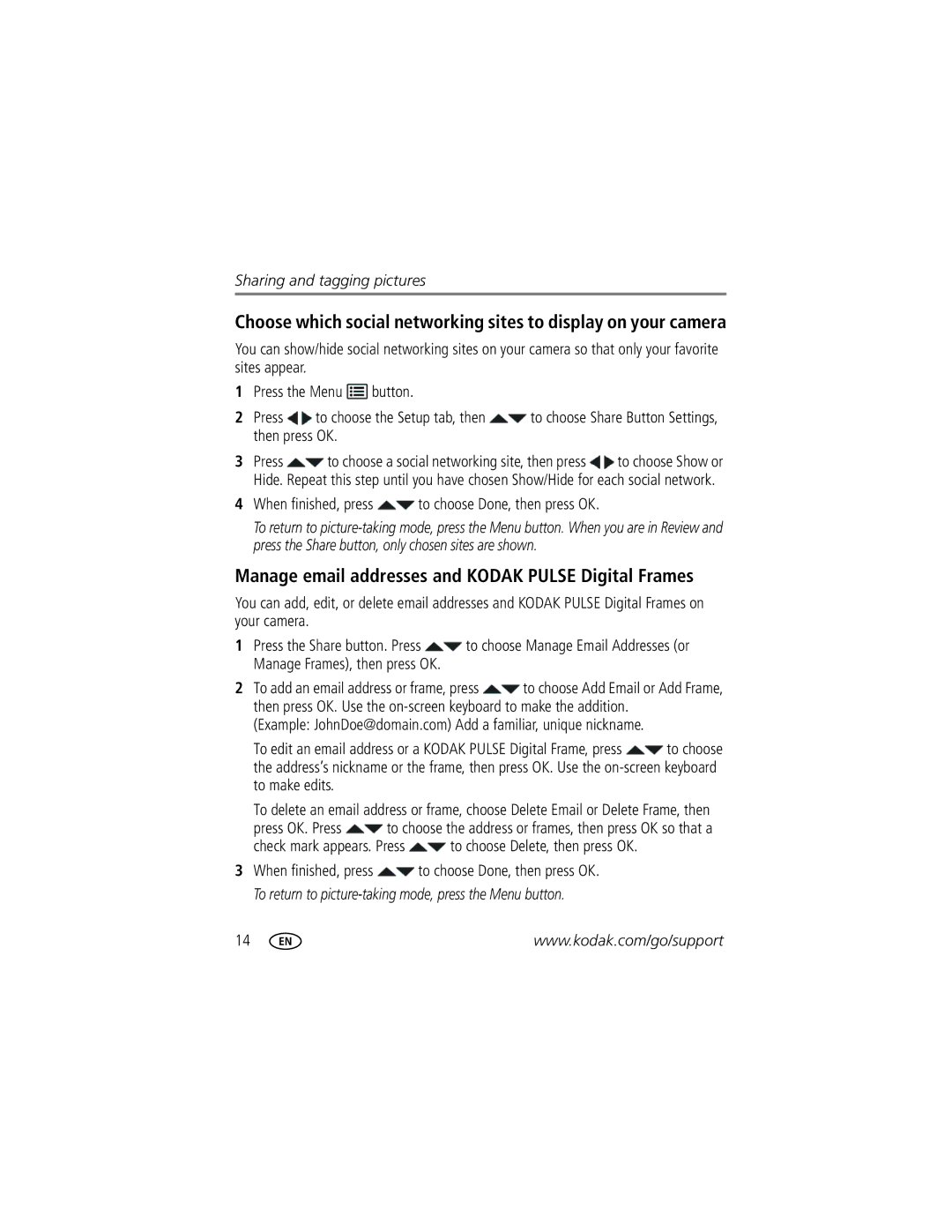 Kodak CD24 manual Manage email addresses and Kodak Pulse Digital Frames, When finished, press to choose Done, then press OK 