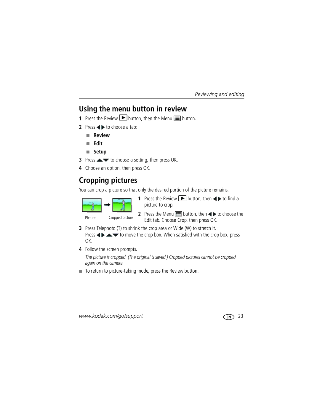 Kodak CD24 manual Using the menu button in review, Cropping pictures, Review Edit Setup 