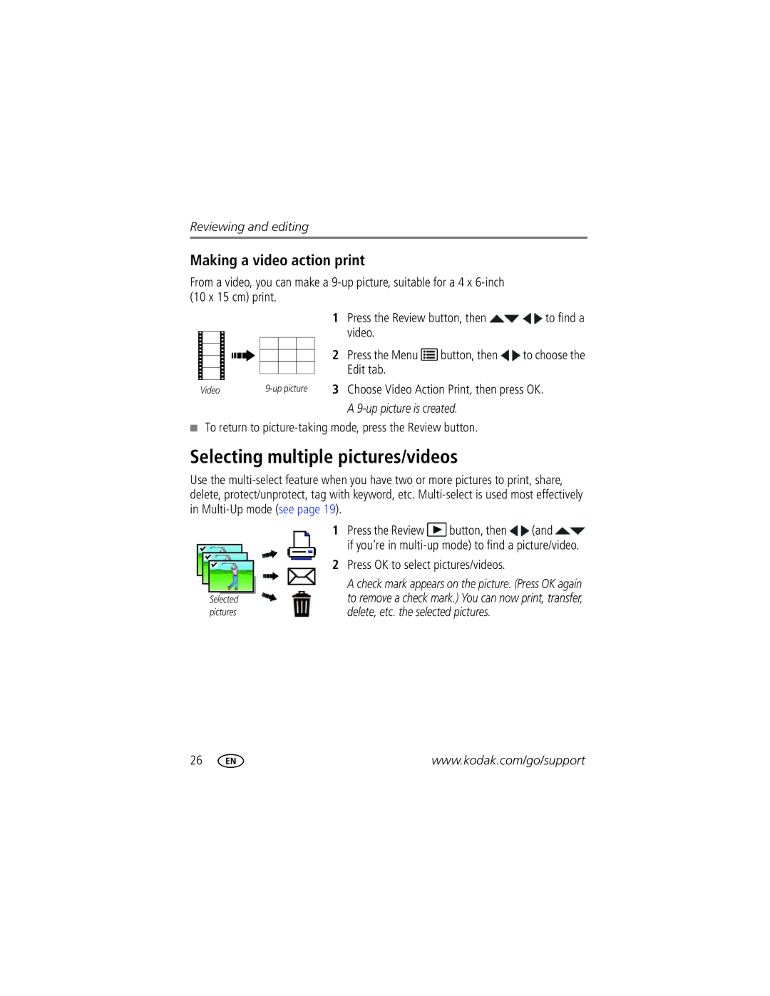 Kodak CD24 manual Selecting multiple pictures/videos, Making a video action print, Up picture is created 