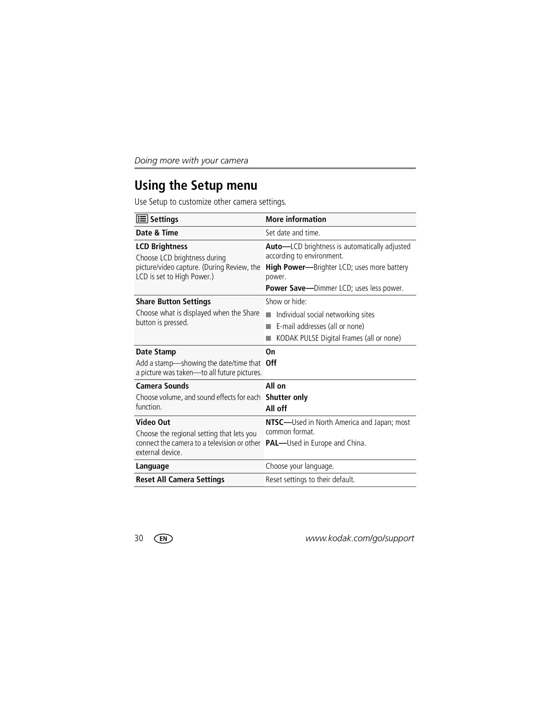 Kodak CD24 manual Using the Setup menu, Use Setup to customize other camera settings 