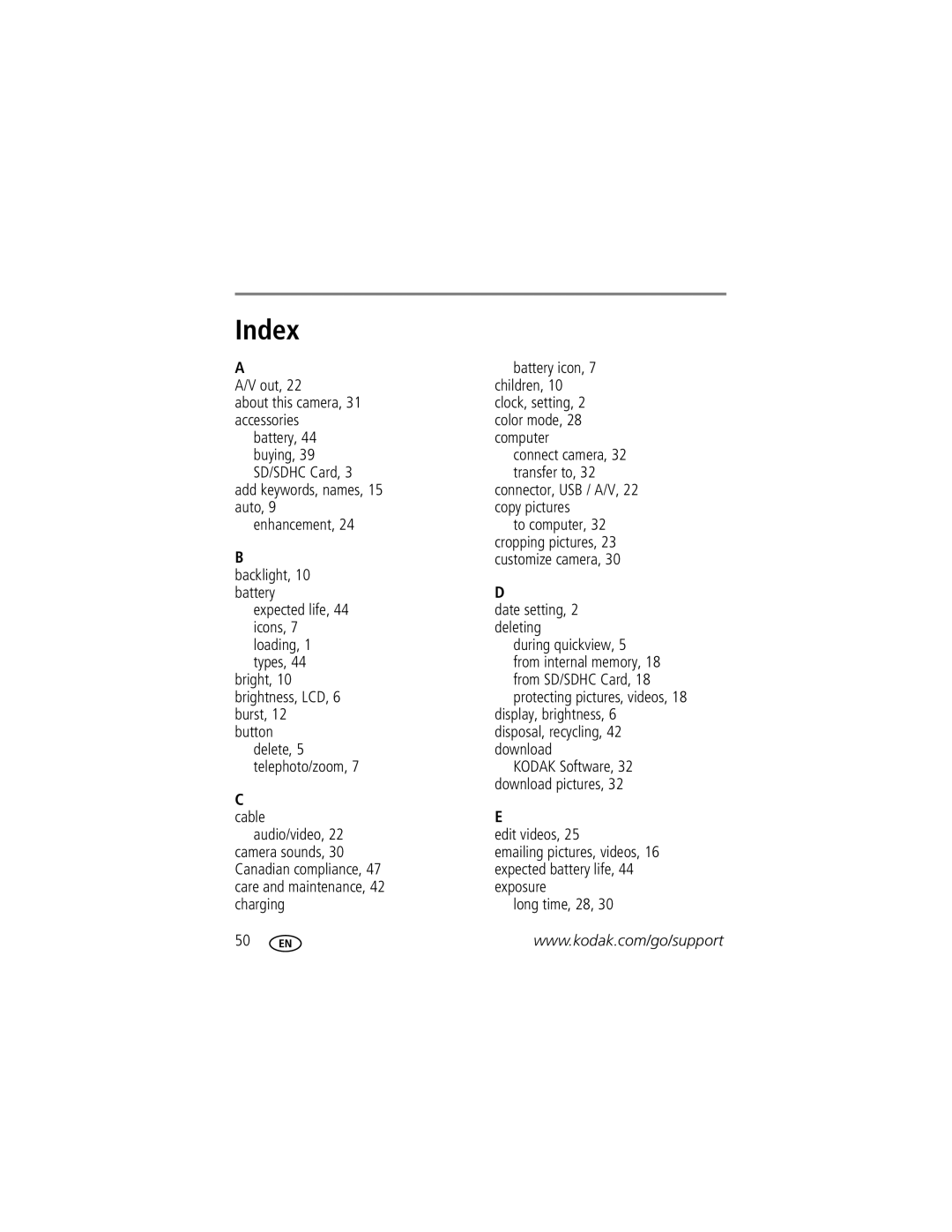 Kodak CD24 manual Index, Battery icon 